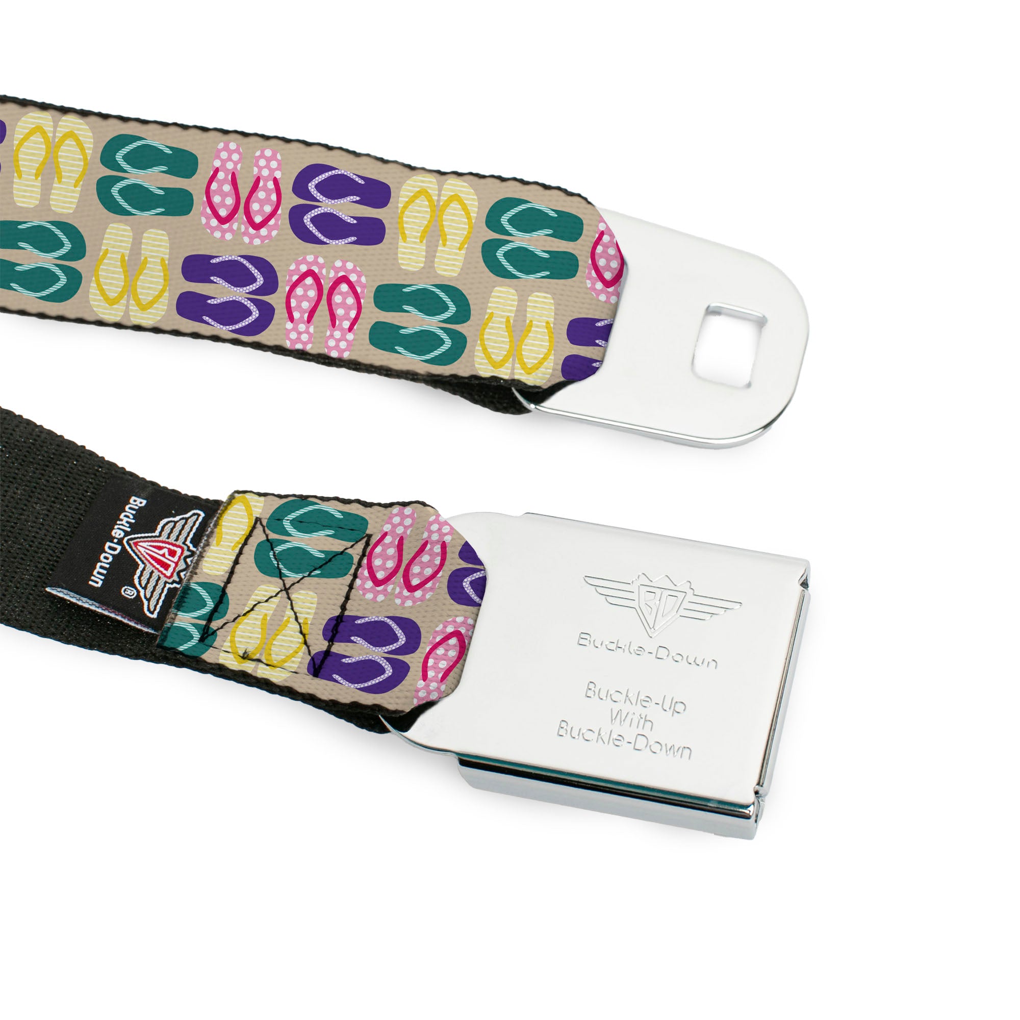 BD Wings Logo CLOSE-UP Full Color Black Silver Seatbelt Belt - Flip Flops6 Sand/Multi Color Webbing Seatbelt Belts Buckle-Down