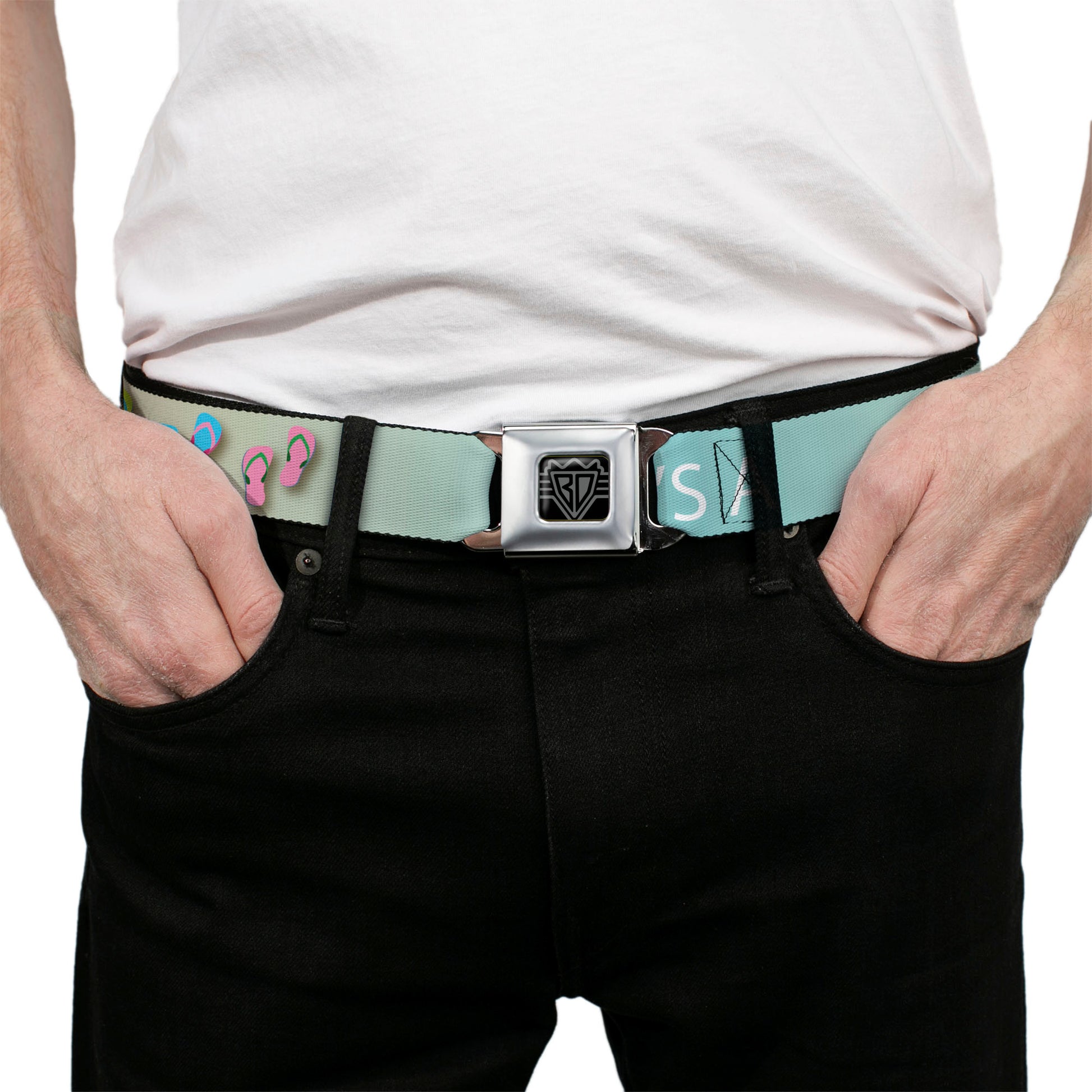 BD Wings Logo CLOSE-UP Full Color Black Silver Seatbelt Belt - Flip Flops7 LIFE'S A BEACH Tan/Aqua/White Webbing Seatbelt Belts Buckle-Down
