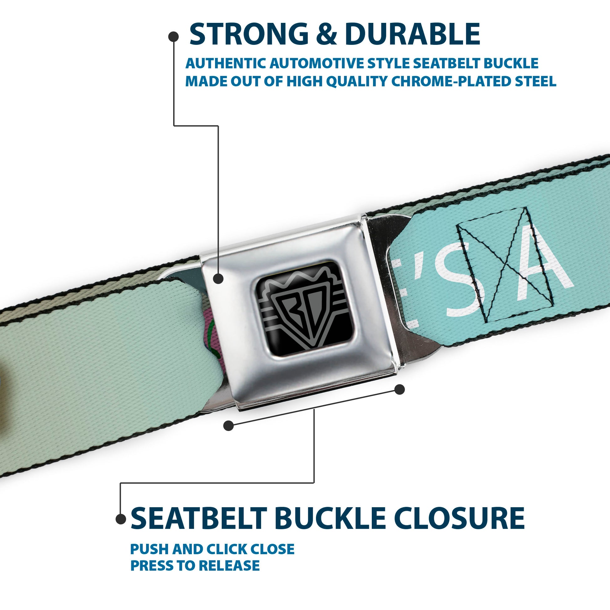 BD Wings Logo CLOSE-UP Full Color Black Silver Seatbelt Belt - Flip Flops7 LIFE'S A BEACH Tan/Aqua/White Webbing Seatbelt Belts Buckle-Down