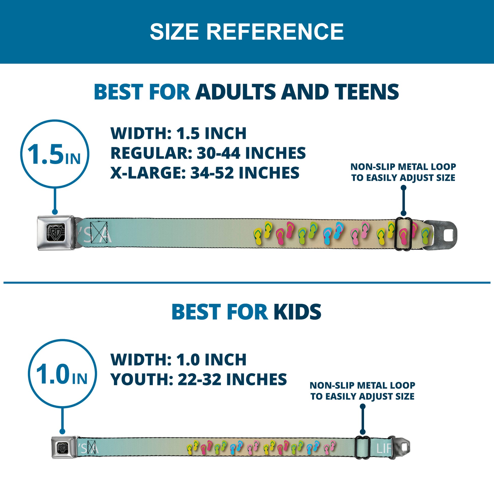 BD Wings Logo CLOSE-UP Full Color Black Silver Seatbelt Belt - Flip Flops7 LIFE'S A BEACH Tan/Aqua/White Webbing Seatbelt Belts Buckle-Down