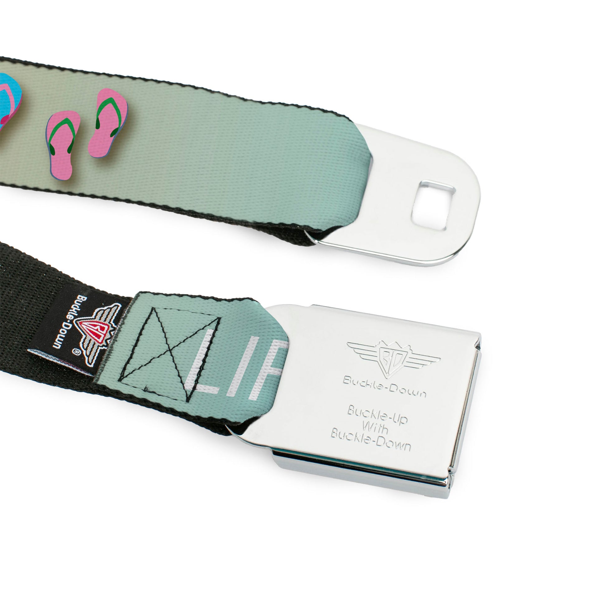 BD Wings Logo CLOSE-UP Full Color Black Silver Seatbelt Belt - Flip Flops7 LIFE'S A BEACH Tan/Aqua/White Webbing Seatbelt Belts Buckle-Down
