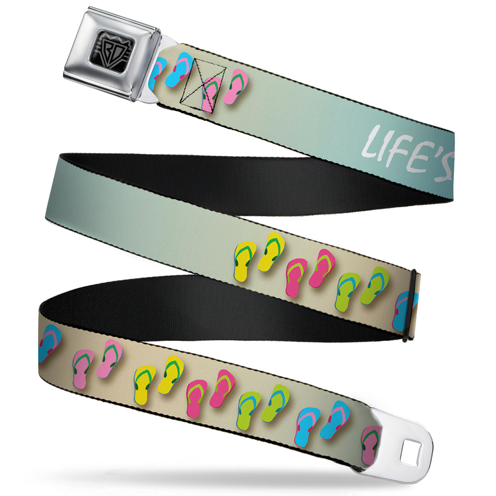 BD Wings Logo CLOSE-UP Full Color Black Silver Seatbelt Belt - Flip Flops7 LIFE'S A BEACH Tan/Aqua/White Webbing Seatbelt Belts Buckle-Down