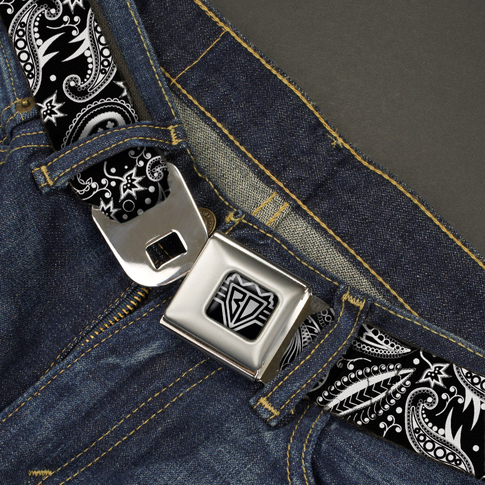 BD Wings Logo CLOSE-UP Full Color Black Silver Seatbelt Belt - Floral Paisley3 Black/White Webbing Seatbelt Belts Buckle-Down