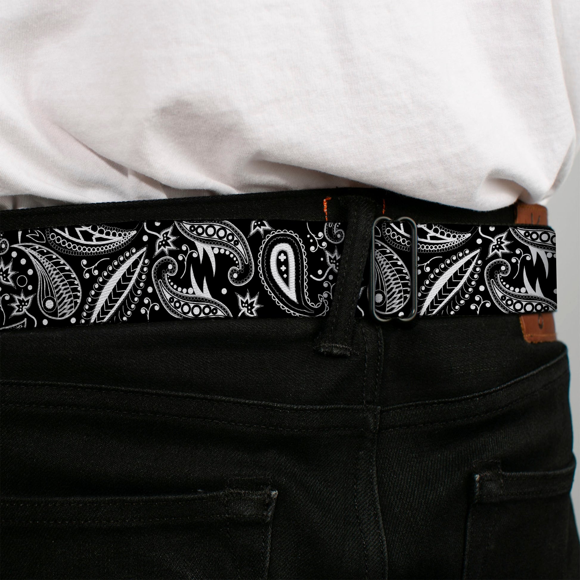 BD Wings Logo CLOSE-UP Full Color Black Silver Seatbelt Belt - Floral Paisley3 Black/White Webbing Seatbelt Belts Buckle-Down