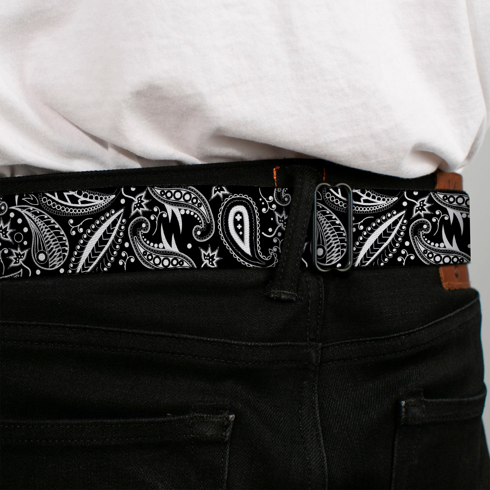 BD Wings Logo CLOSE-UP Full Color Black Silver Seatbelt Belt - Floral Paisley3 Black/White Webbing Seatbelt Belts Buckle-Down