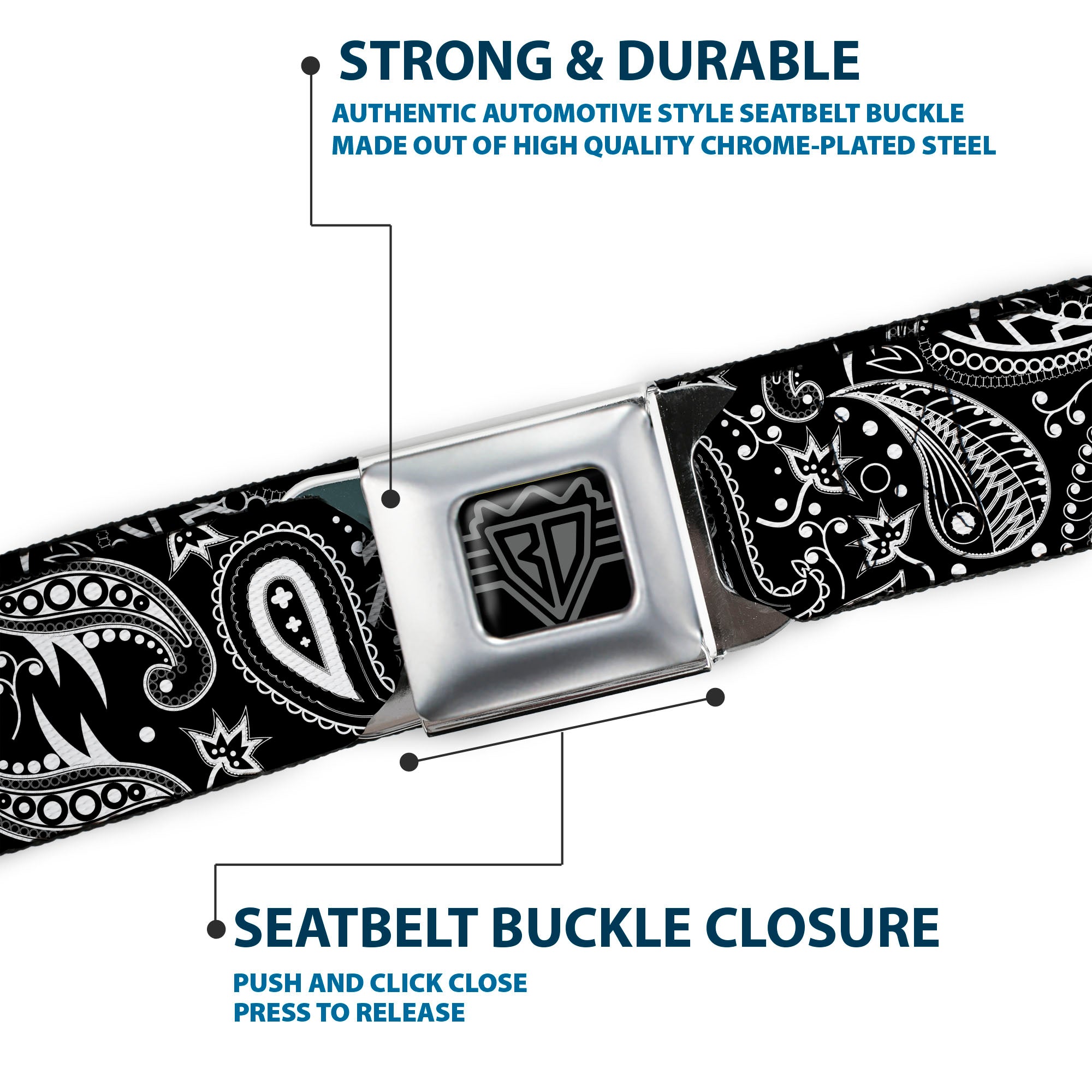 BD Wings Logo CLOSE-UP Full Color Black Silver Seatbelt Belt - Floral Paisley3 Black/White Webbing Seatbelt Belts Buckle-Down