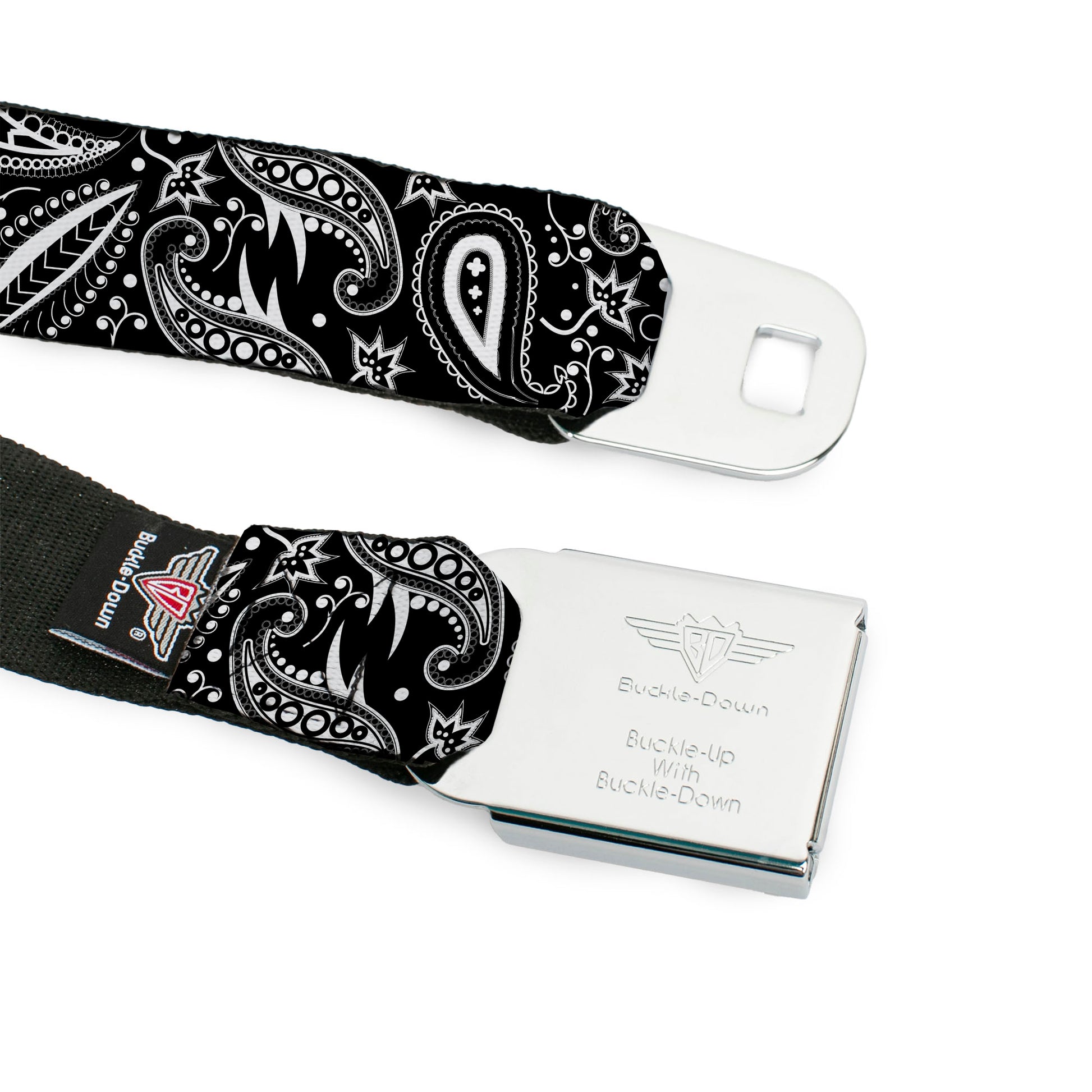 BD Wings Logo CLOSE-UP Full Color Black Silver Seatbelt Belt - Floral Paisley3 Black/White Webbing Seatbelt Belts Buckle-Down
