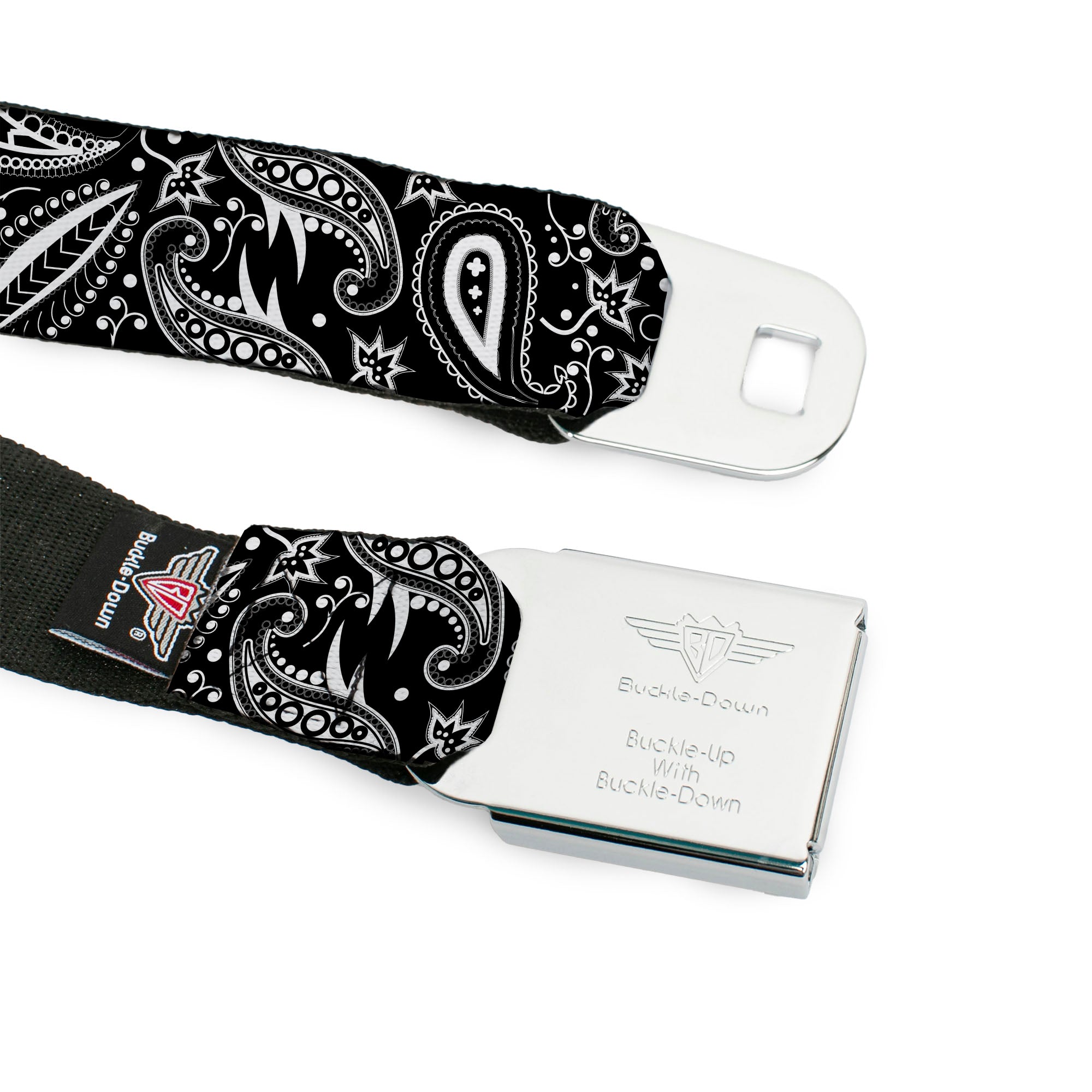 BD Wings Logo CLOSE-UP Full Color Black Silver Seatbelt Belt - Floral Paisley3 Black/White Webbing Seatbelt Belts Buckle-Down