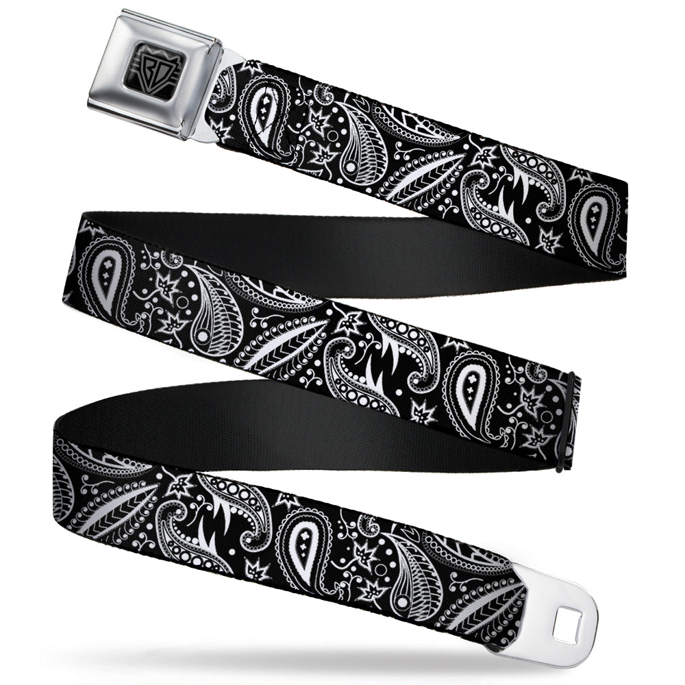 BD Wings Logo CLOSE-UP Full Color Black Silver Seatbelt Belt - Floral Paisley3 Black/White Webbing Seatbelt Belts Buckle-Down