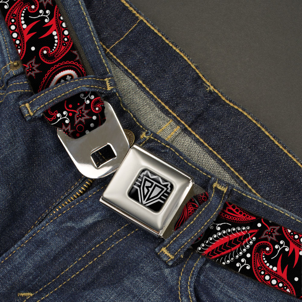 BD Wings Logo CLOSE-UP Full Color Black Silver Seatbelt Belt - Floral Paisley3 Black/Red/Gray/White Webbing Seatbelt Belts Buckle-Down