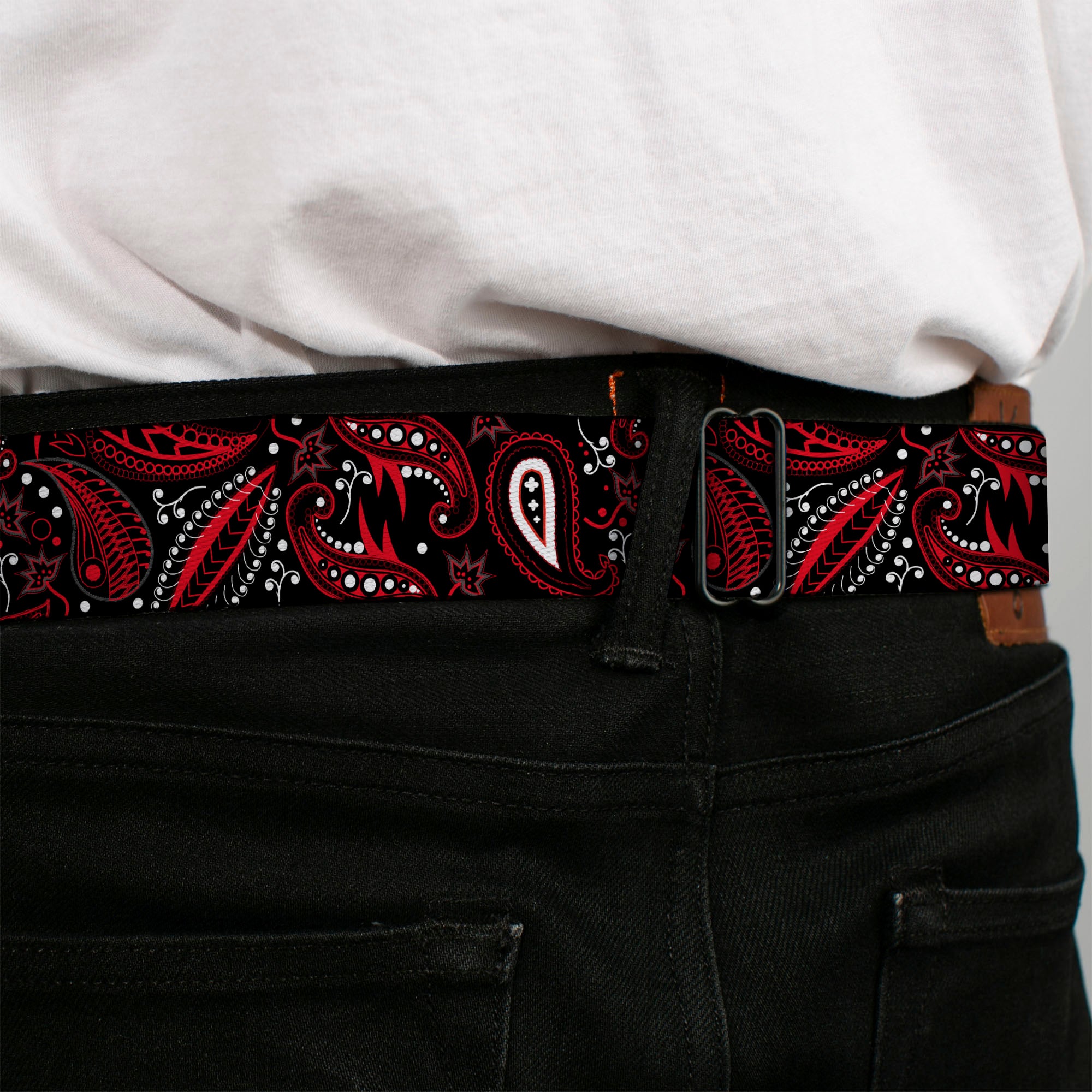 BD Wings Logo CLOSE-UP Full Color Black Silver Seatbelt Belt - Floral Paisley3 Black/Red/Gray/White Webbing Seatbelt Belts Buckle-Down
