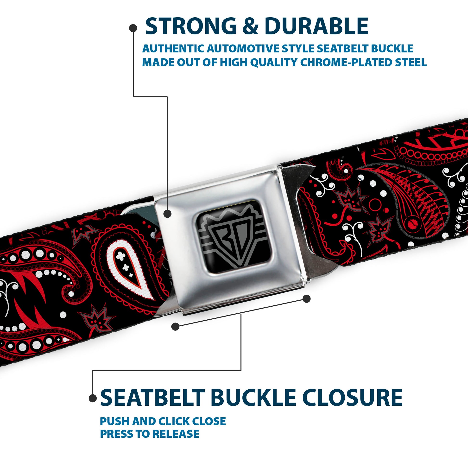 BD Wings Logo CLOSE-UP Full Color Black Silver Seatbelt Belt - Floral Paisley3 Black/Red/Gray/White Webbing Seatbelt Belts Buckle-Down