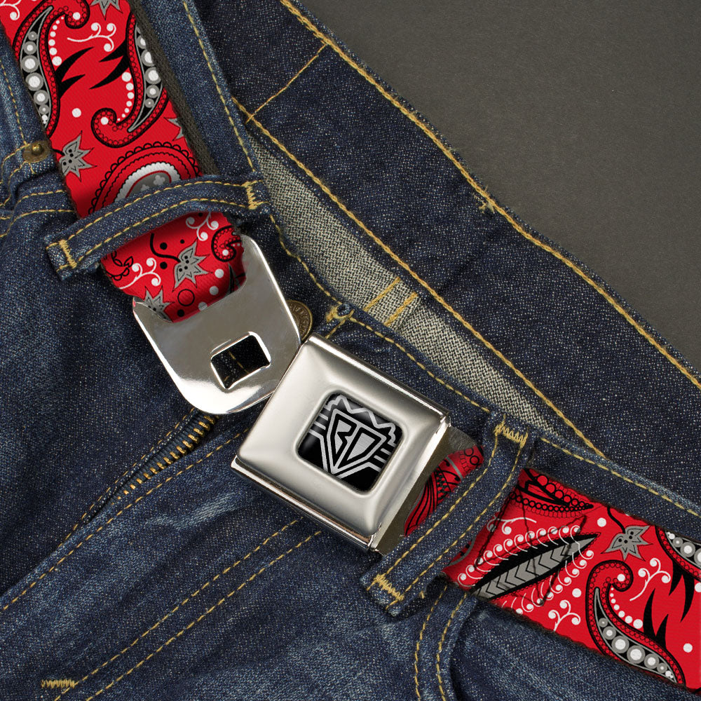 BD Wings Logo CLOSE-UP Full Color Black Silver Seatbelt Belt - Floral Paisley3 Red/Black/Gray/White Webbing Seatbelt Belts Buckle-Down
