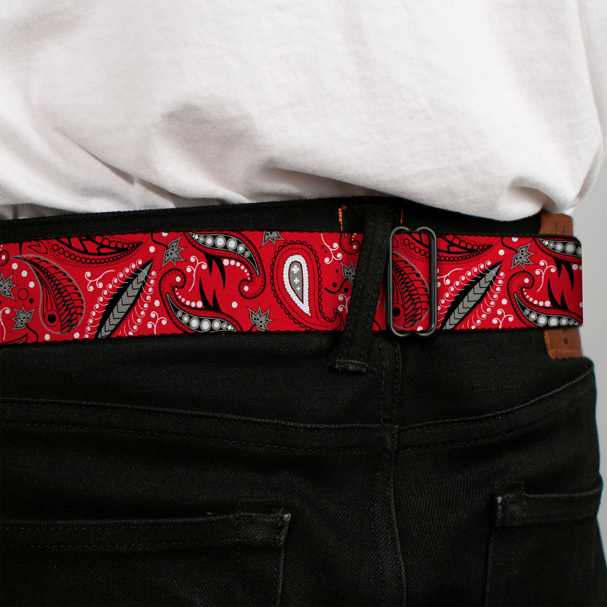 BD Wings Logo CLOSE-UP Full Color Black Silver Seatbelt Belt - Floral Paisley3 Red/Black/Gray/White Webbing Seatbelt Belts Buckle-Down