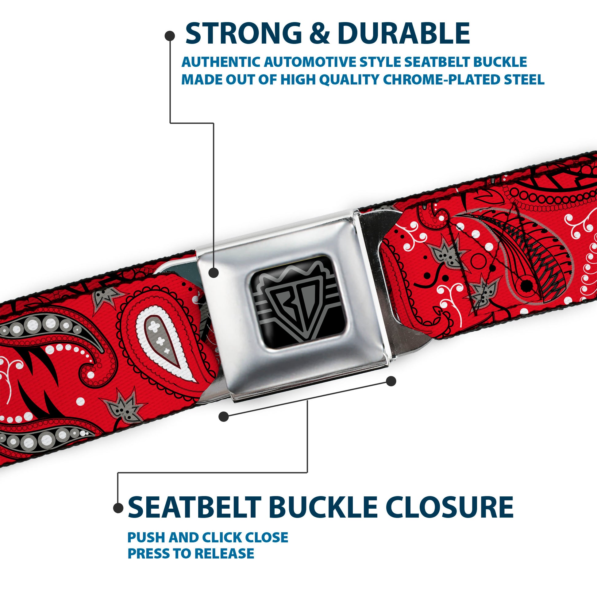 BD Wings Logo CLOSE-UP Full Color Black Silver Seatbelt Belt - Floral Paisley3 Red/Black/Gray/White Webbing Seatbelt Belts Buckle-Down