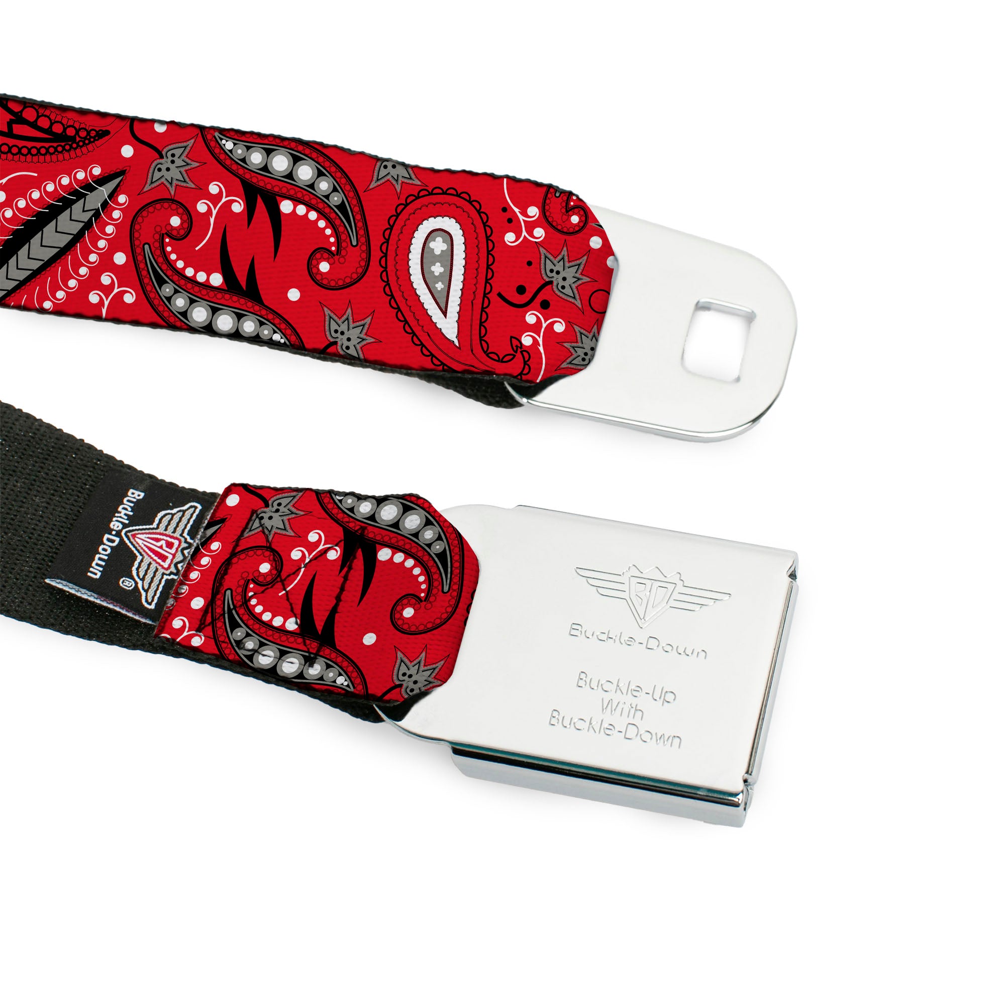 BD Wings Logo CLOSE-UP Full Color Black Silver Seatbelt Belt - Floral Paisley3 Red/Black/Gray/White Webbing Seatbelt Belts Buckle-Down