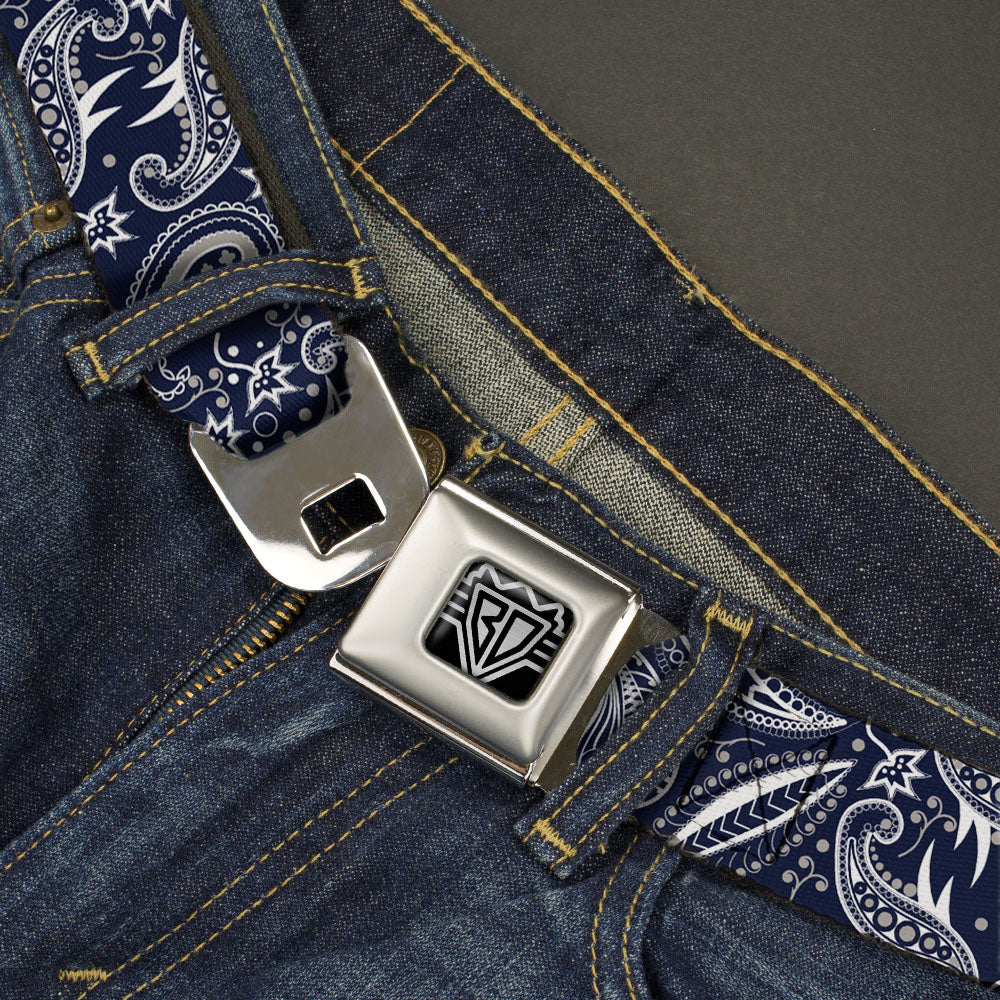 BD Wings Logo CLOSE-UP Full Color Black Silver Seatbelt Belt - Floral Paisley3 Blue/White/Gray Webbing Seatbelt Belts Buckle-Down