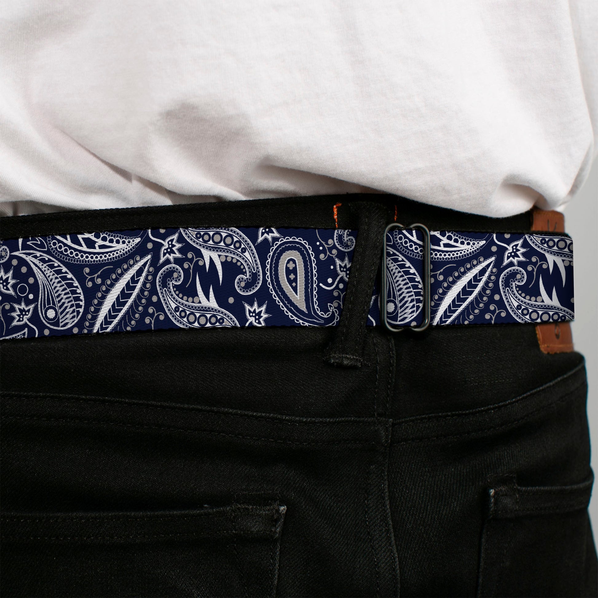 BD Wings Logo CLOSE-UP Full Color Black Silver Seatbelt Belt - Floral Paisley3 Blue/White/Gray Webbing Seatbelt Belts Buckle-Down