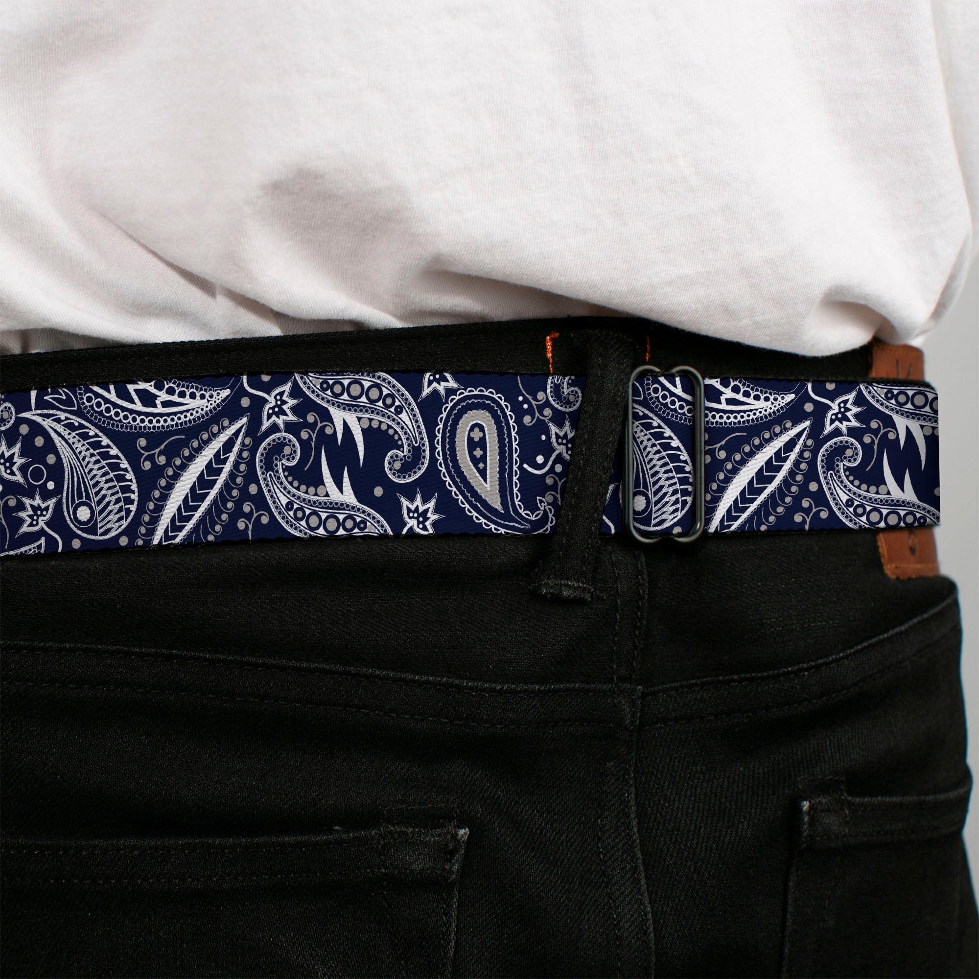 BD Wings Logo CLOSE-UP Full Color Black Silver Seatbelt Belt - Floral Paisley3 Blue/White/Gray Webbing Seatbelt Belts Buckle-Down