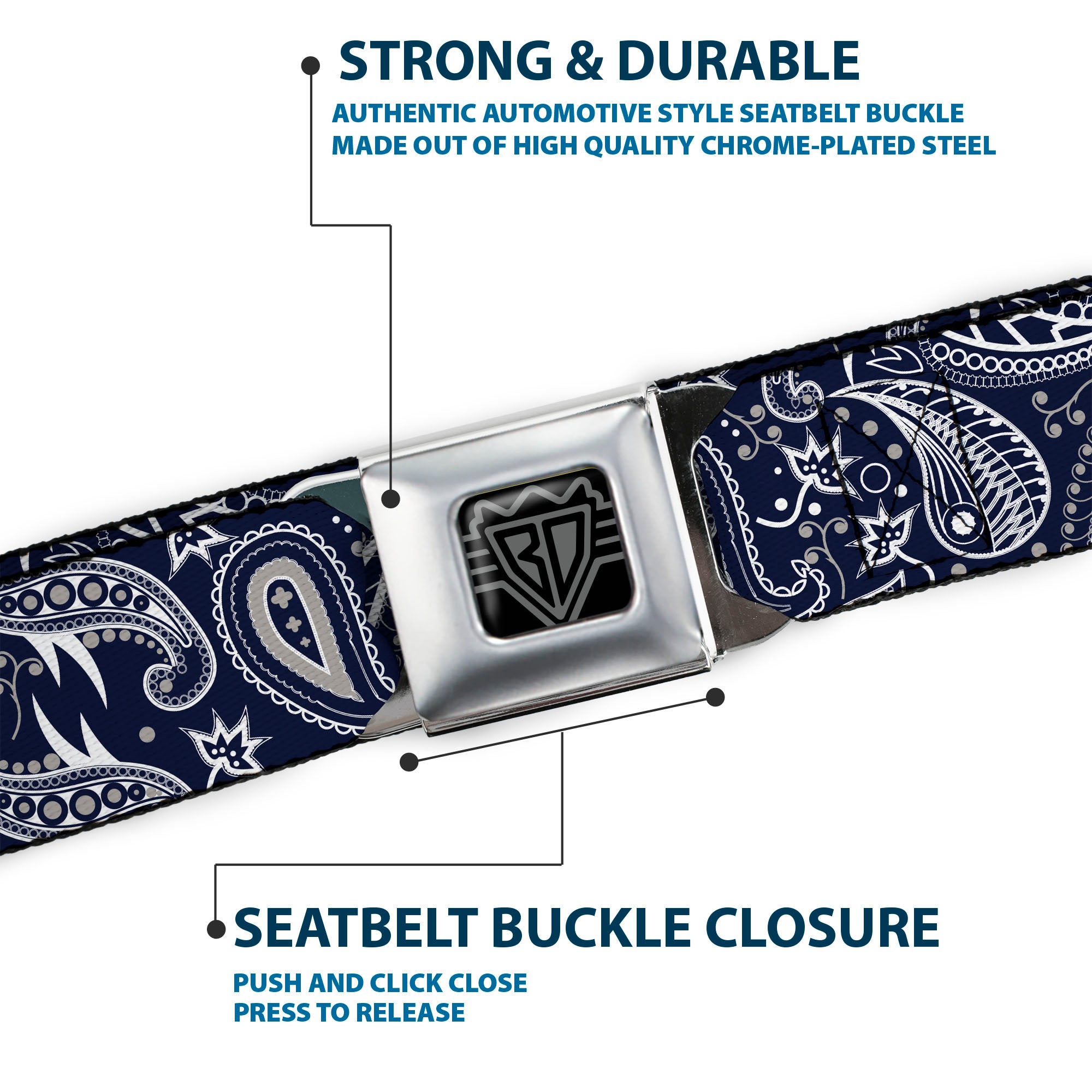 BD Wings Logo CLOSE-UP Full Color Black Silver Seatbelt Belt - Floral Paisley3 Blue/White/Gray Webbing Seatbelt Belts Buckle-Down