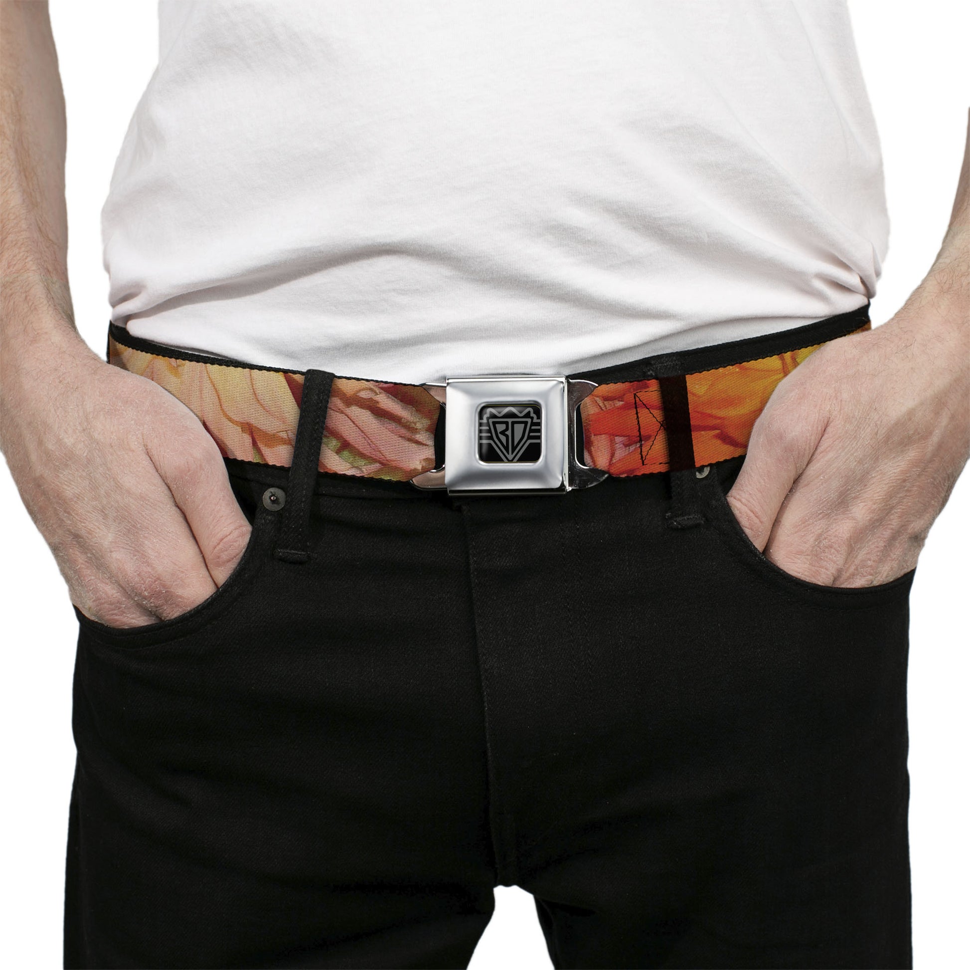 BD Wings Logo CLOSE-UP Black/Silver Seatbelt Belt - Floral Collage3 Black/Multi Color Webbing Seatbelt Belts Buckle-Down