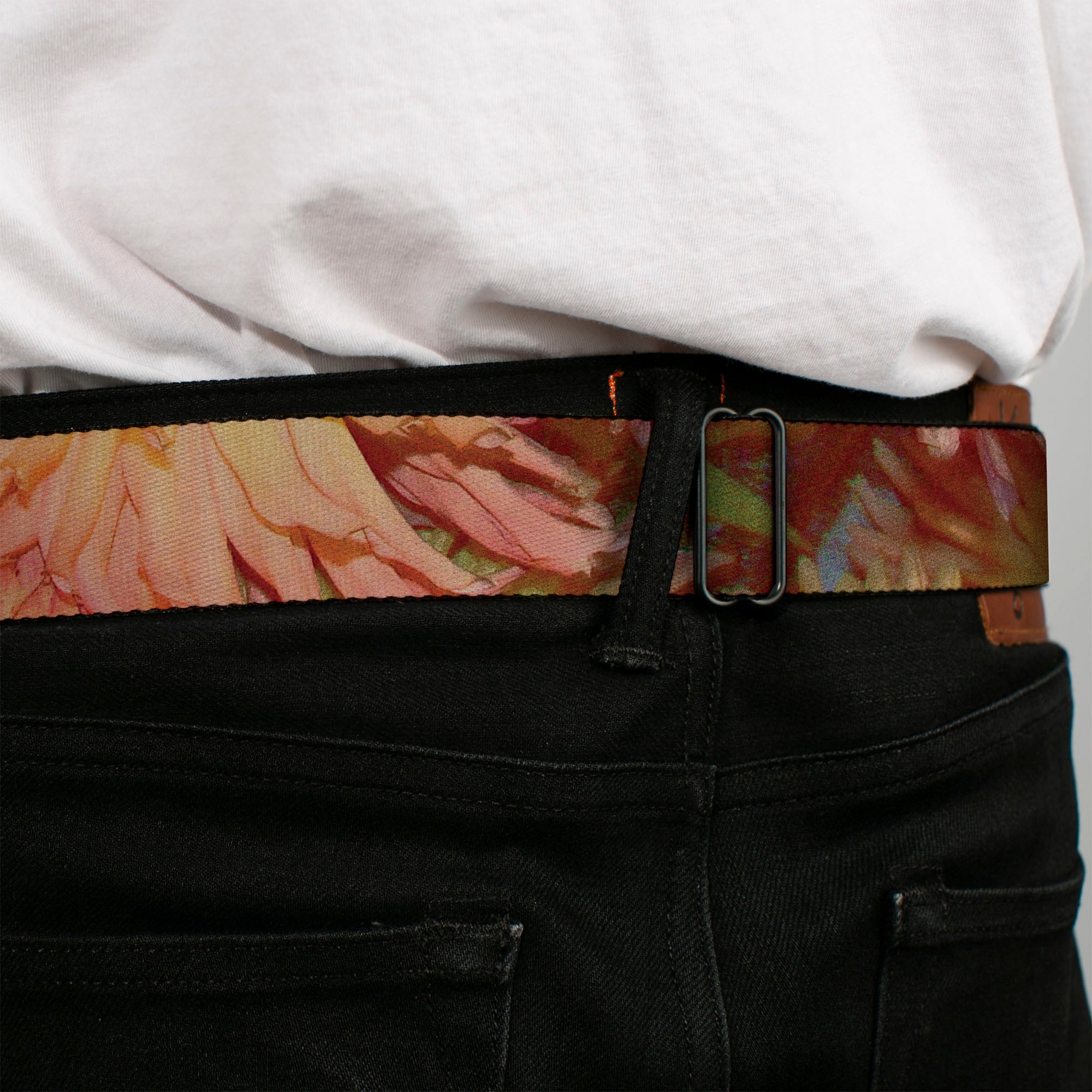 BD Wings Logo CLOSE-UP Black/Silver Seatbelt Belt - Floral Collage3 Black/Multi Color Webbing Seatbelt Belts Buckle-Down