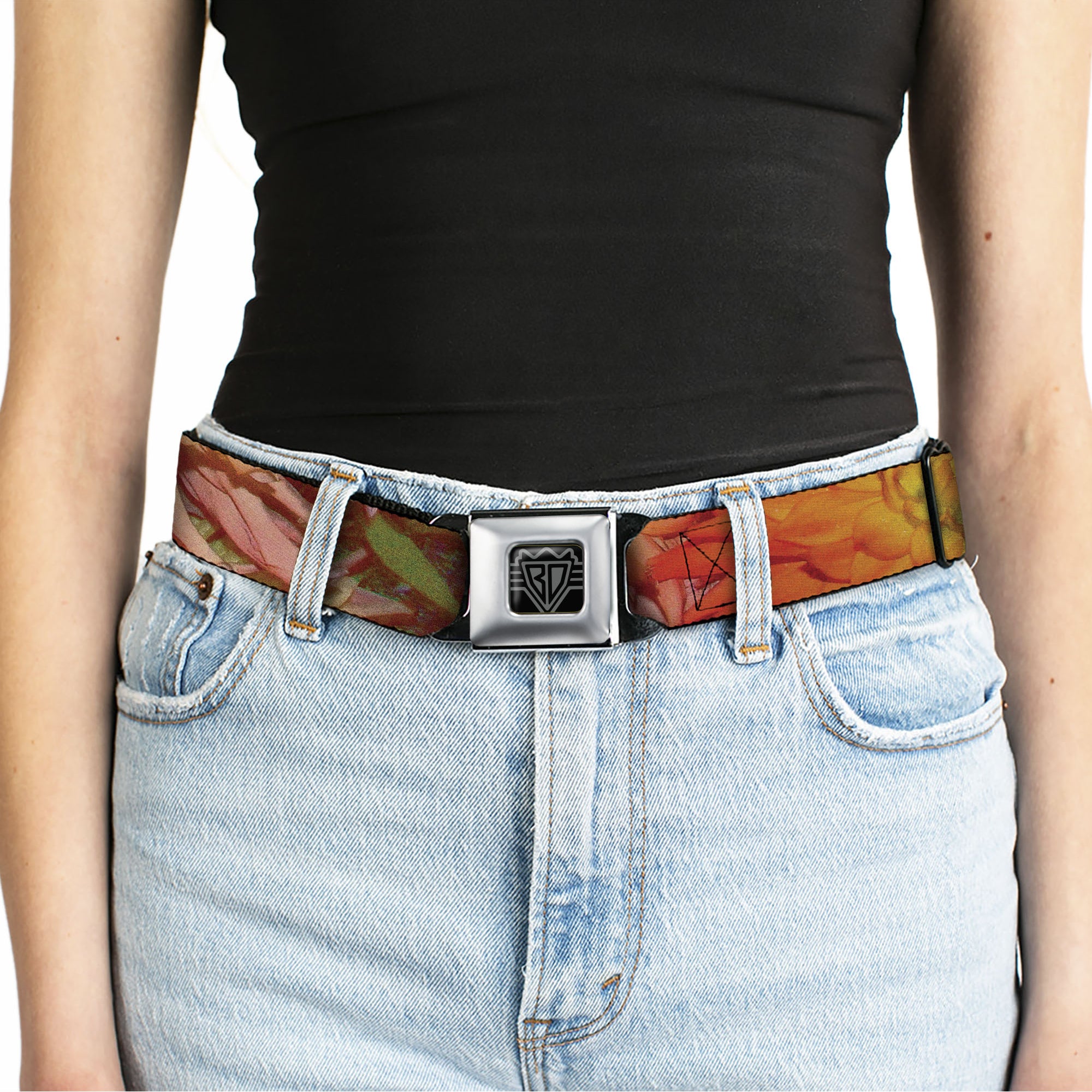 BD Wings Logo CLOSE-UP Black/Silver Seatbelt Belt - Floral Collage3 Black/Multi Color Webbing Seatbelt Belts Buckle-Down
