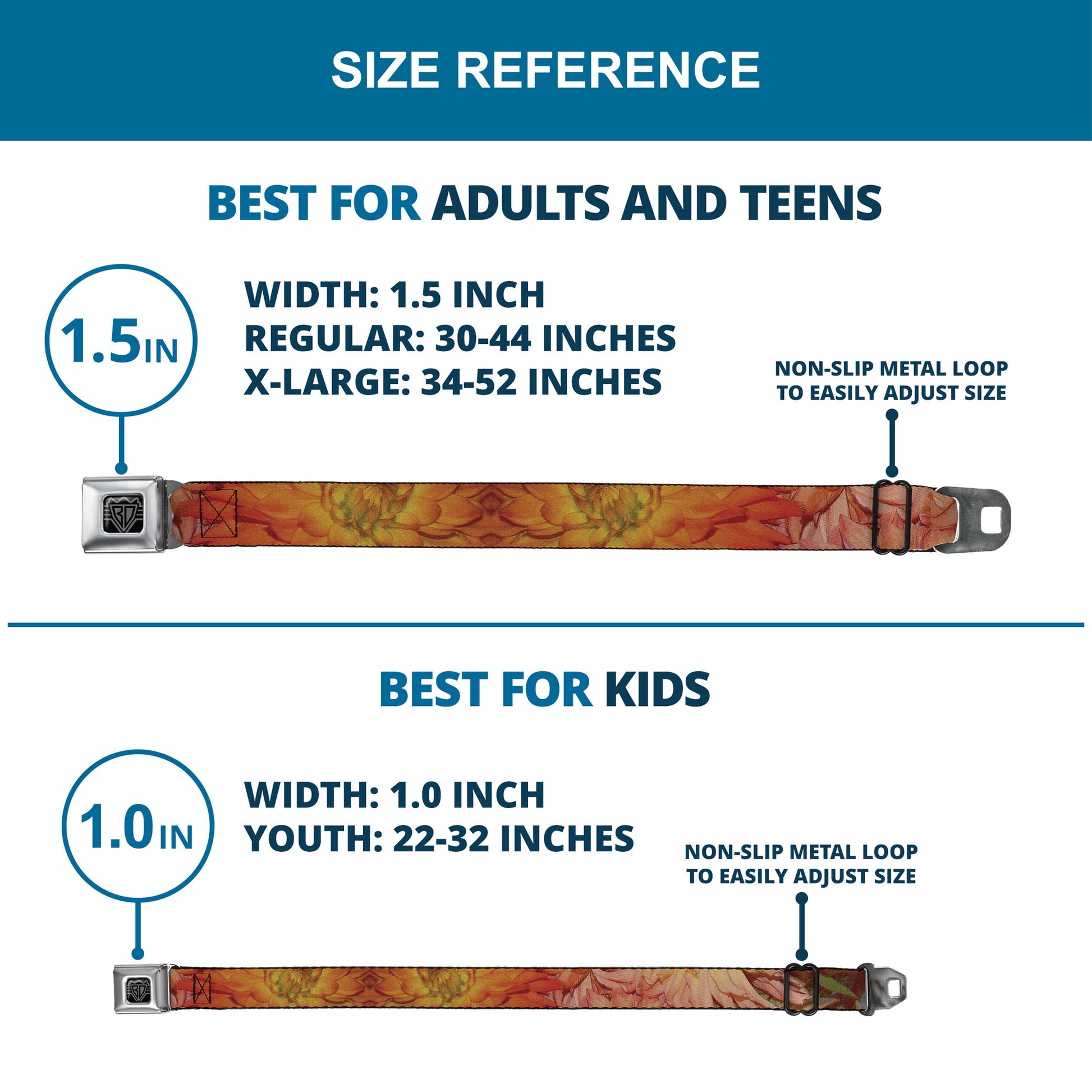 BD Wings Logo CLOSE-UP Black/Silver Seatbelt Belt - Floral Collage3 Black/Multi Color Webbing Seatbelt Belts Buckle-Down