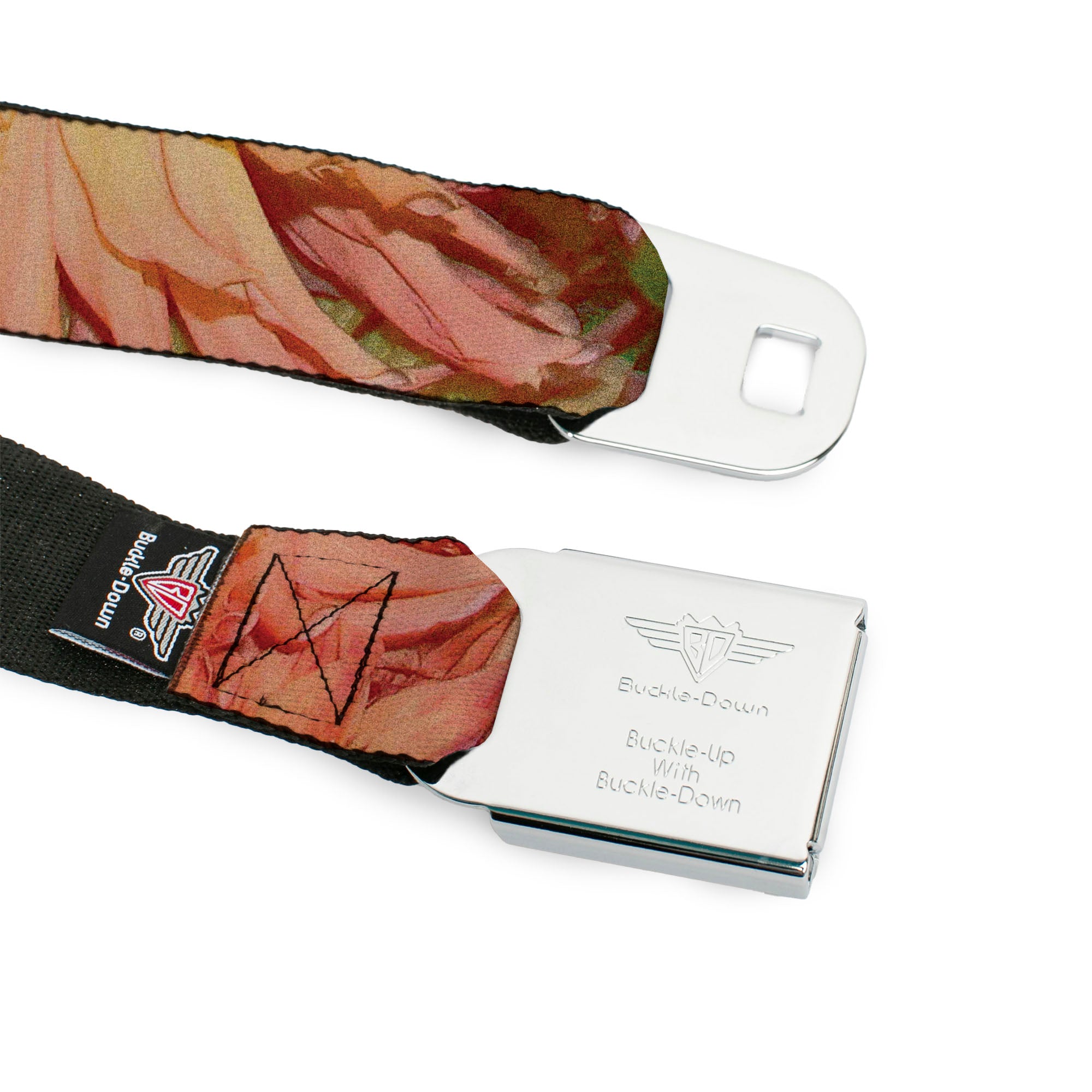 BD Wings Logo CLOSE-UP Black/Silver Seatbelt Belt - Floral Collage3 Black/Multi Color Webbing Seatbelt Belts Buckle-Down