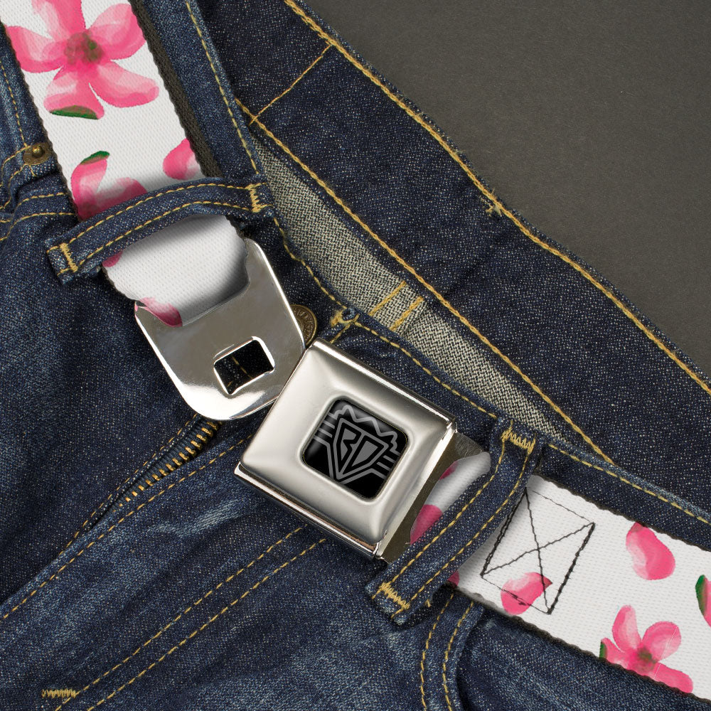 BD Wings Logo CLOSE-UP Black/Silver Seatbelt Belt - Flowers/Petals Scattered White/Pinks Webbing Seatbelt Belts Buckle-Down