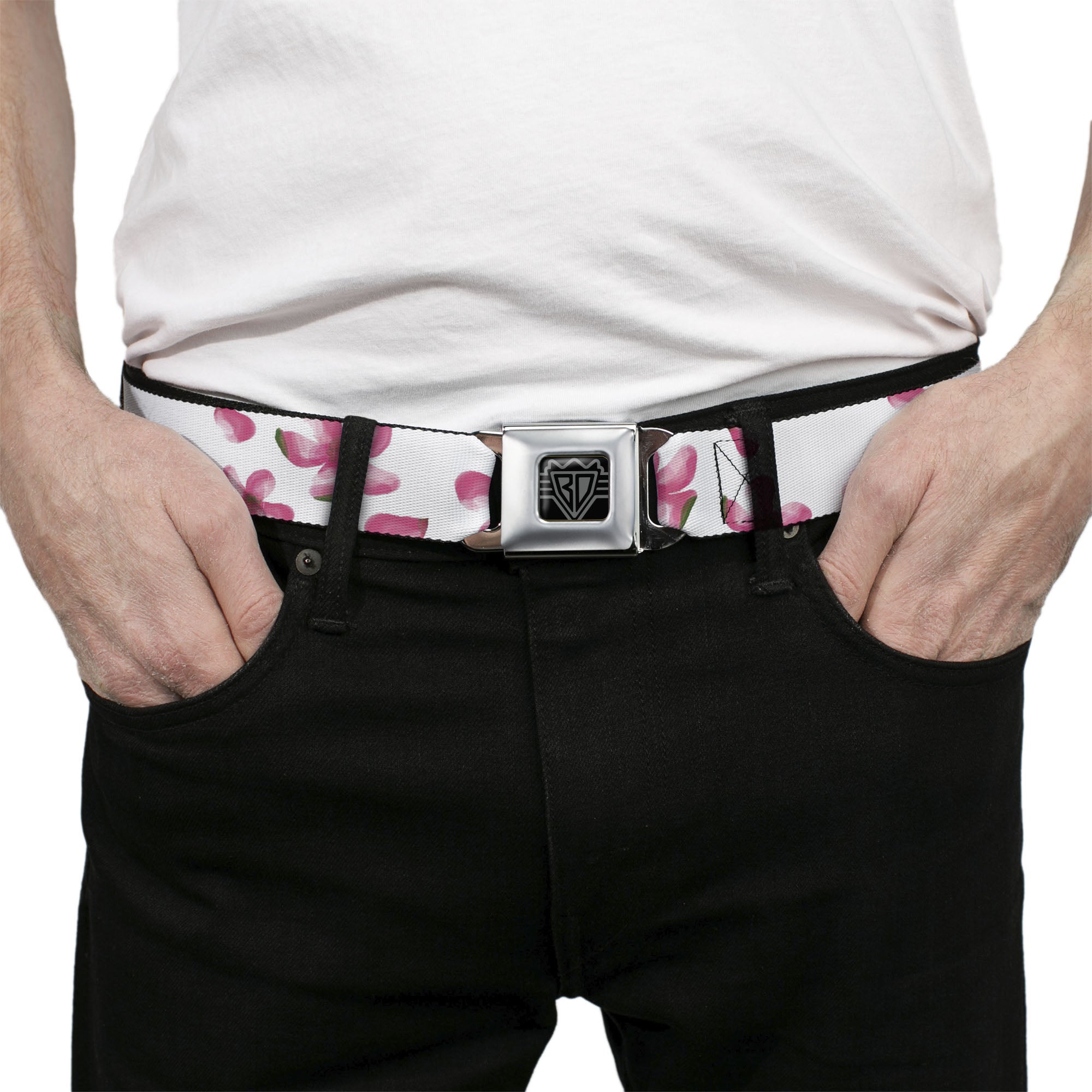 BD Wings Logo CLOSE-UP Black/Silver Seatbelt Belt - Flowers/Petals Scattered White/Pinks Webbing Seatbelt Belts Buckle-Down