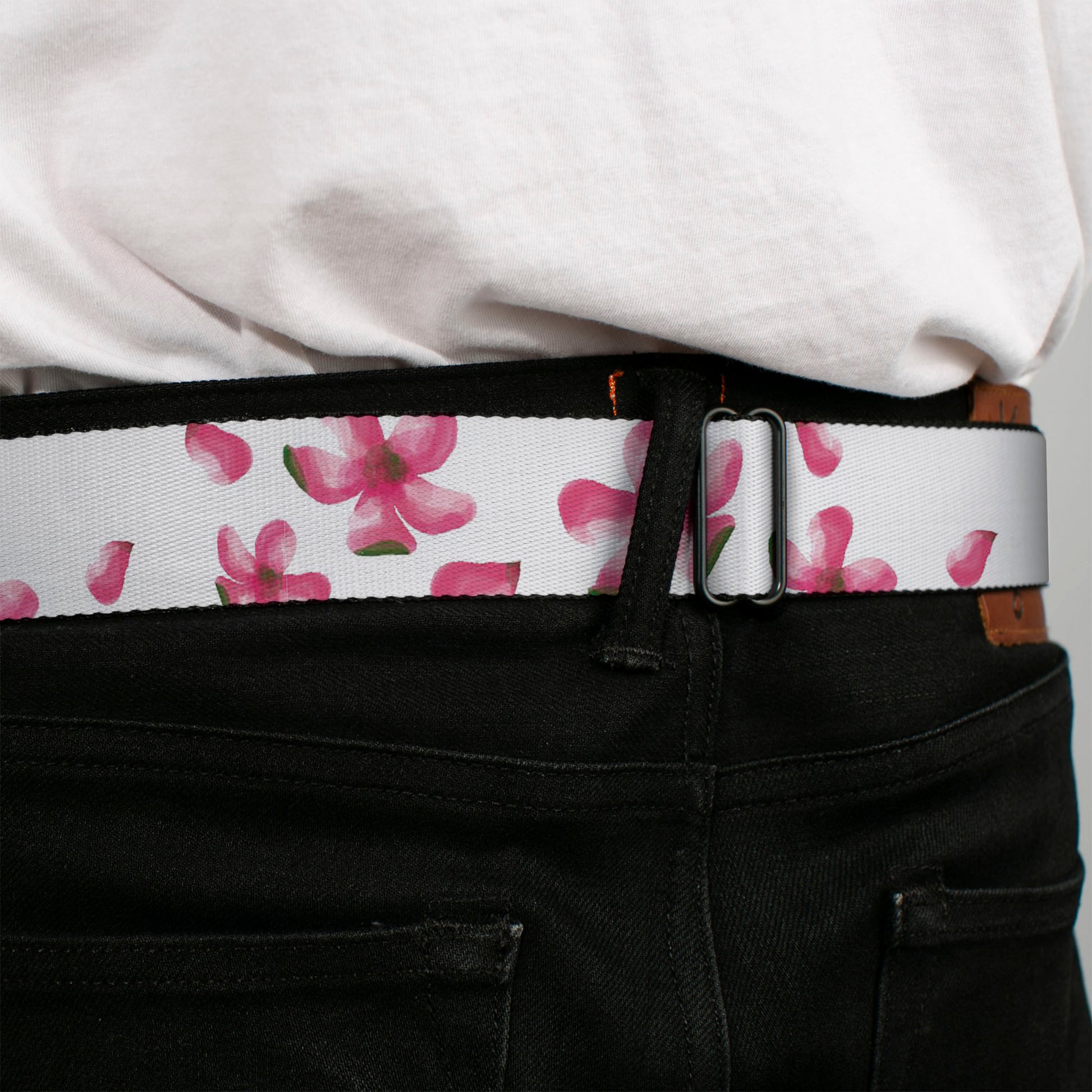 BD Wings Logo CLOSE-UP Black/Silver Seatbelt Belt - Flowers/Petals Scattered White/Pinks Webbing Seatbelt Belts Buckle-Down