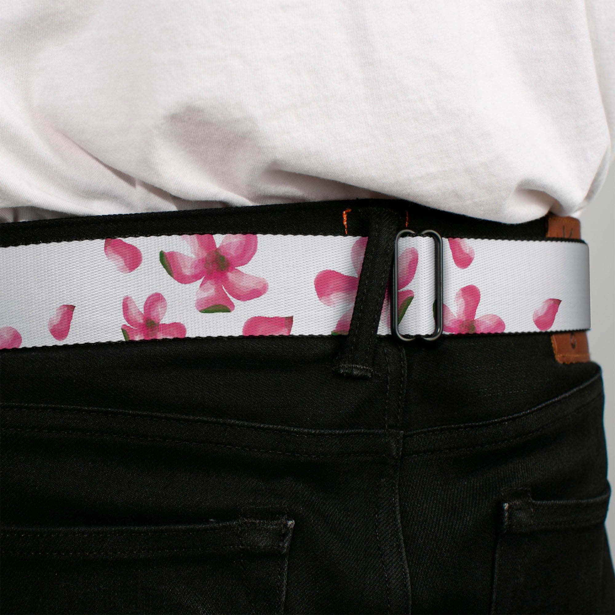 BD Wings Logo CLOSE-UP Black/Silver Seatbelt Belt - Flowers/Petals Scattered White/Pinks Webbing Seatbelt Belts Buckle-Down