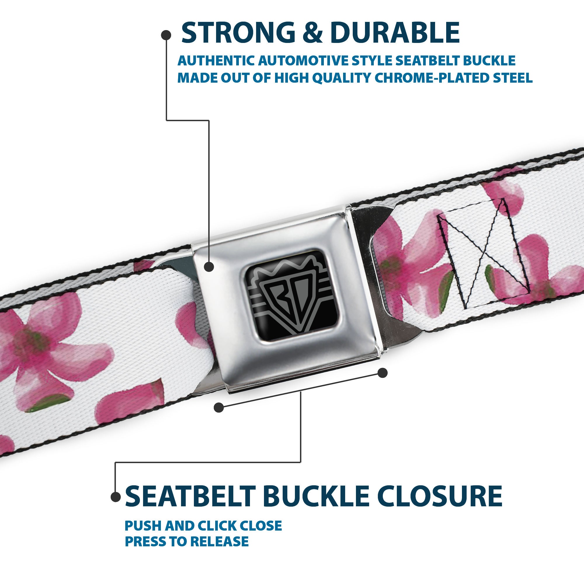 BD Wings Logo CLOSE-UP Black/Silver Seatbelt Belt - Flowers/Petals Scattered White/Pinks Webbing Seatbelt Belts Buckle-Down