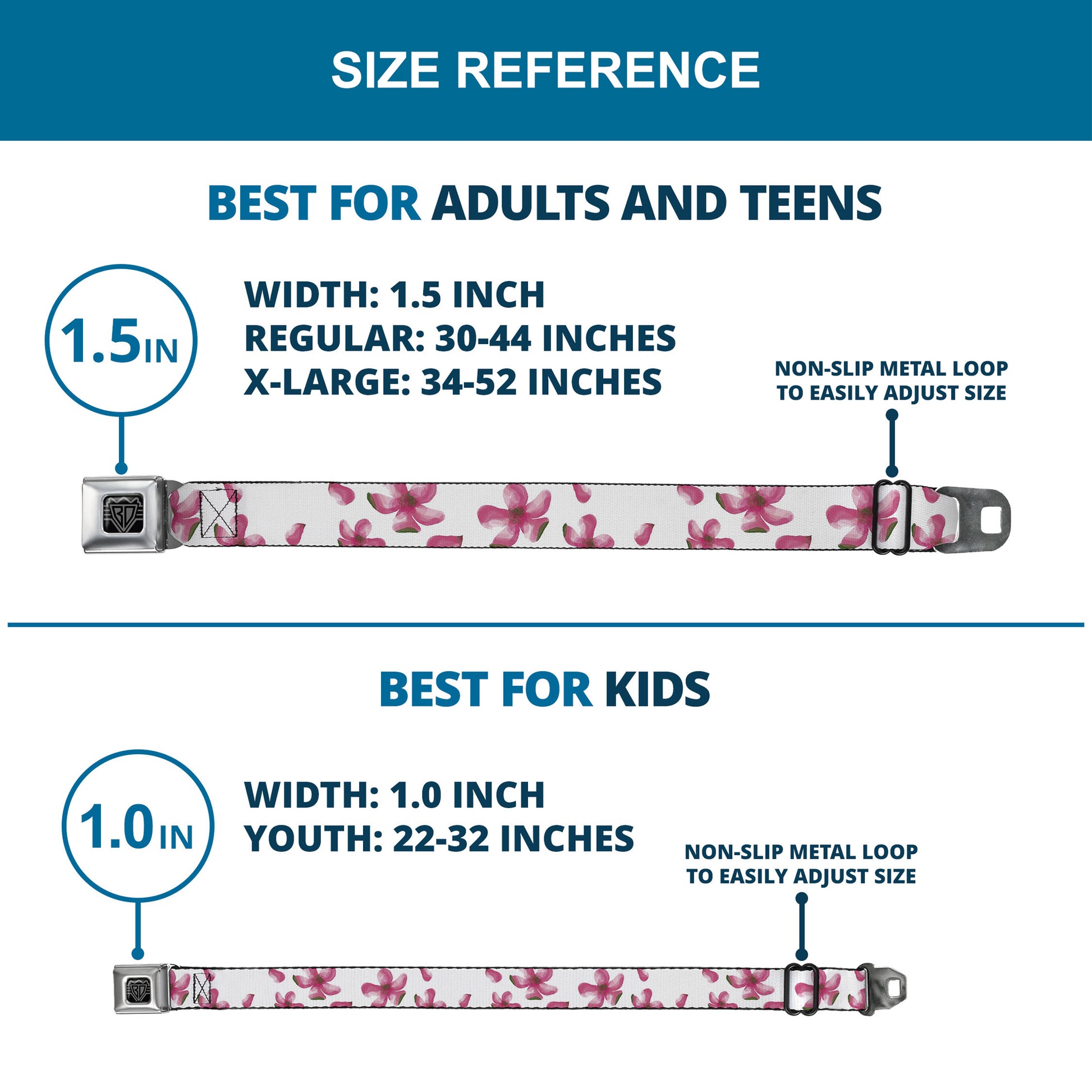 BD Wings Logo CLOSE-UP Black/Silver Seatbelt Belt - Flowers/Petals Scattered White/Pinks Webbing Seatbelt Belts Buckle-Down