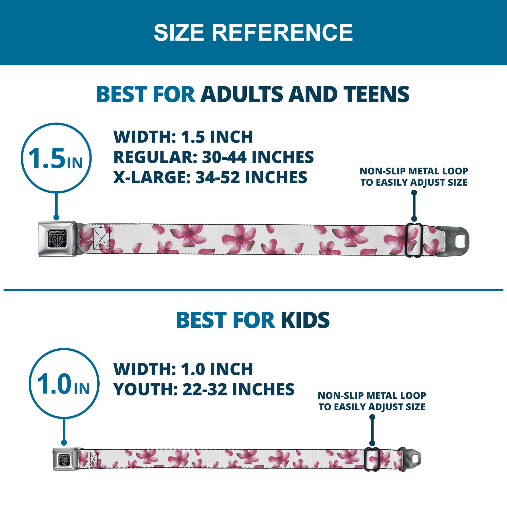 BD Wings Logo CLOSE-UP Black/Silver Seatbelt Belt - Flowers/Petals Scattered White/Pinks Webbing Seatbelt Belts Buckle-Down