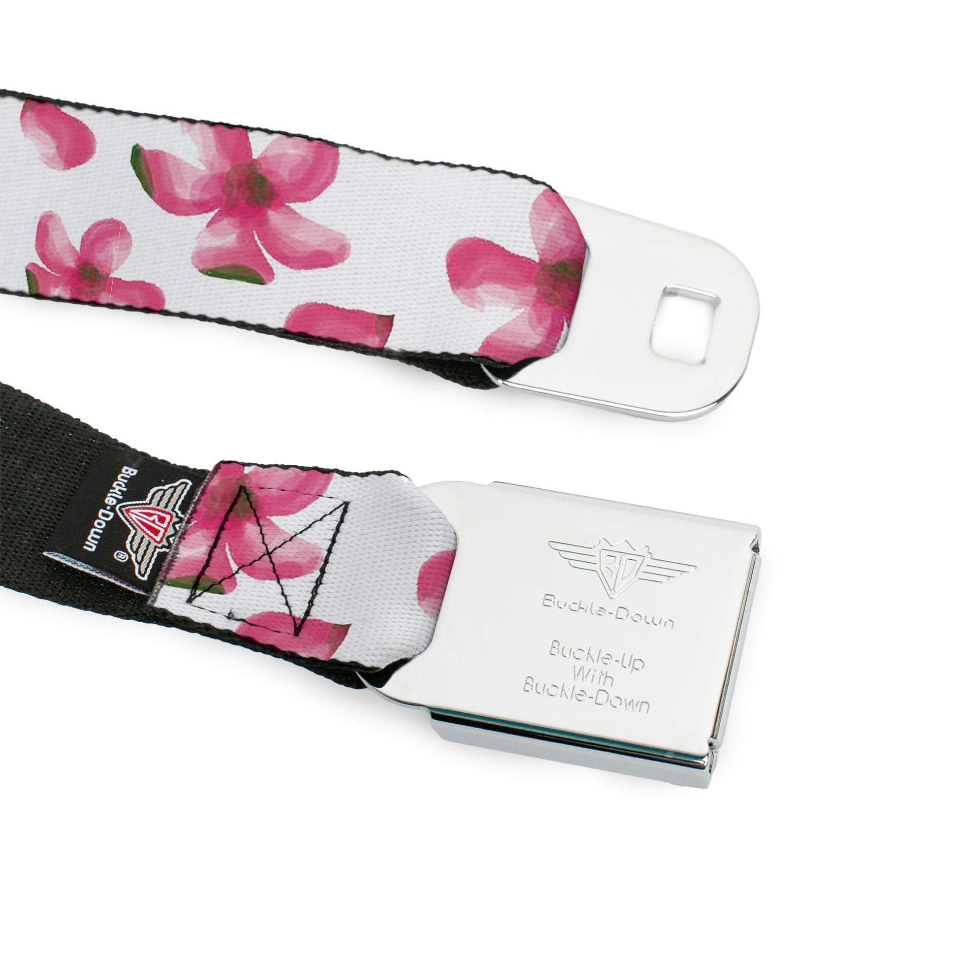 BD Wings Logo CLOSE-UP Black/Silver Seatbelt Belt - Flowers/Petals Scattered White/Pinks Webbing Seatbelt Belts Buckle-Down