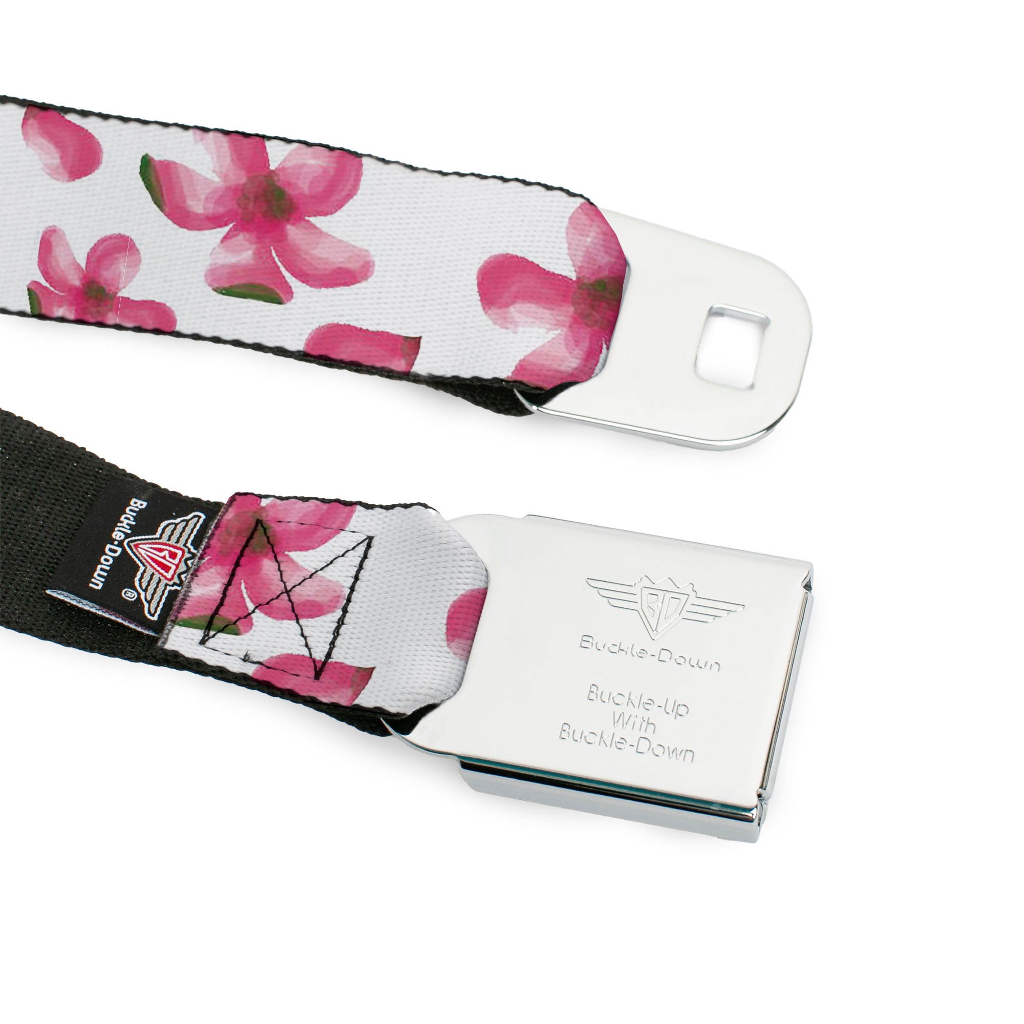 BD Wings Logo CLOSE-UP Black/Silver Seatbelt Belt - Flowers/Petals Scattered White/Pinks Webbing Seatbelt Belts Buckle-Down