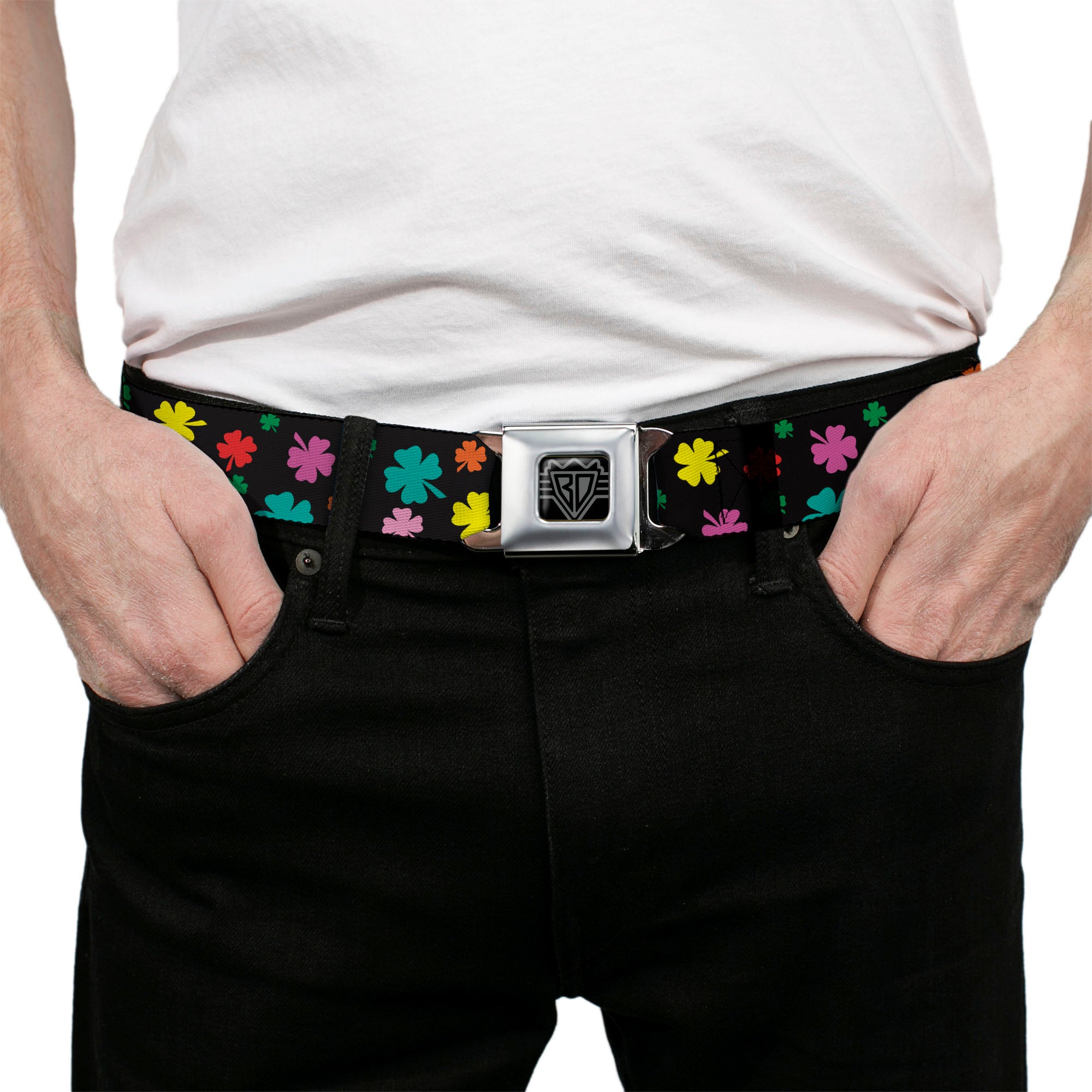 BD Wings Logo CLOSE-UP Full Color Black Silver Seatbelt Belt - Four-Leaf Clovers Scattered Black/Multi Color Webbing Seatbelt Belts Buckle-Down
