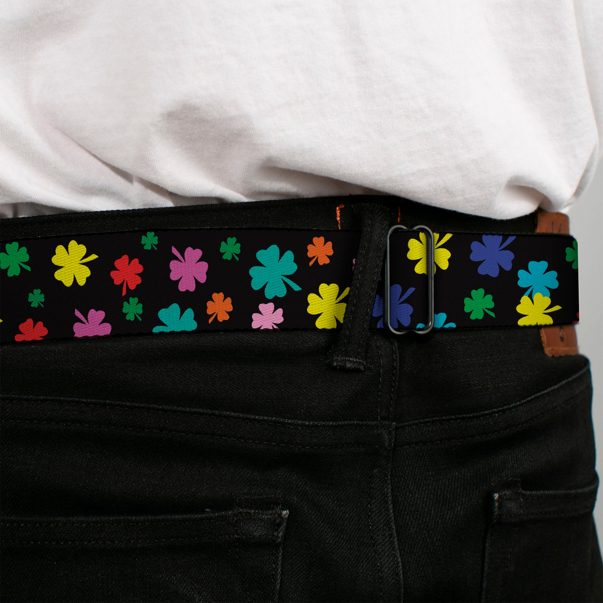 BD Wings Logo CLOSE-UP Full Color Black Silver Seatbelt Belt - Four-Leaf Clovers Scattered Black/Multi Color Webbing Seatbelt Belts Buckle-Down