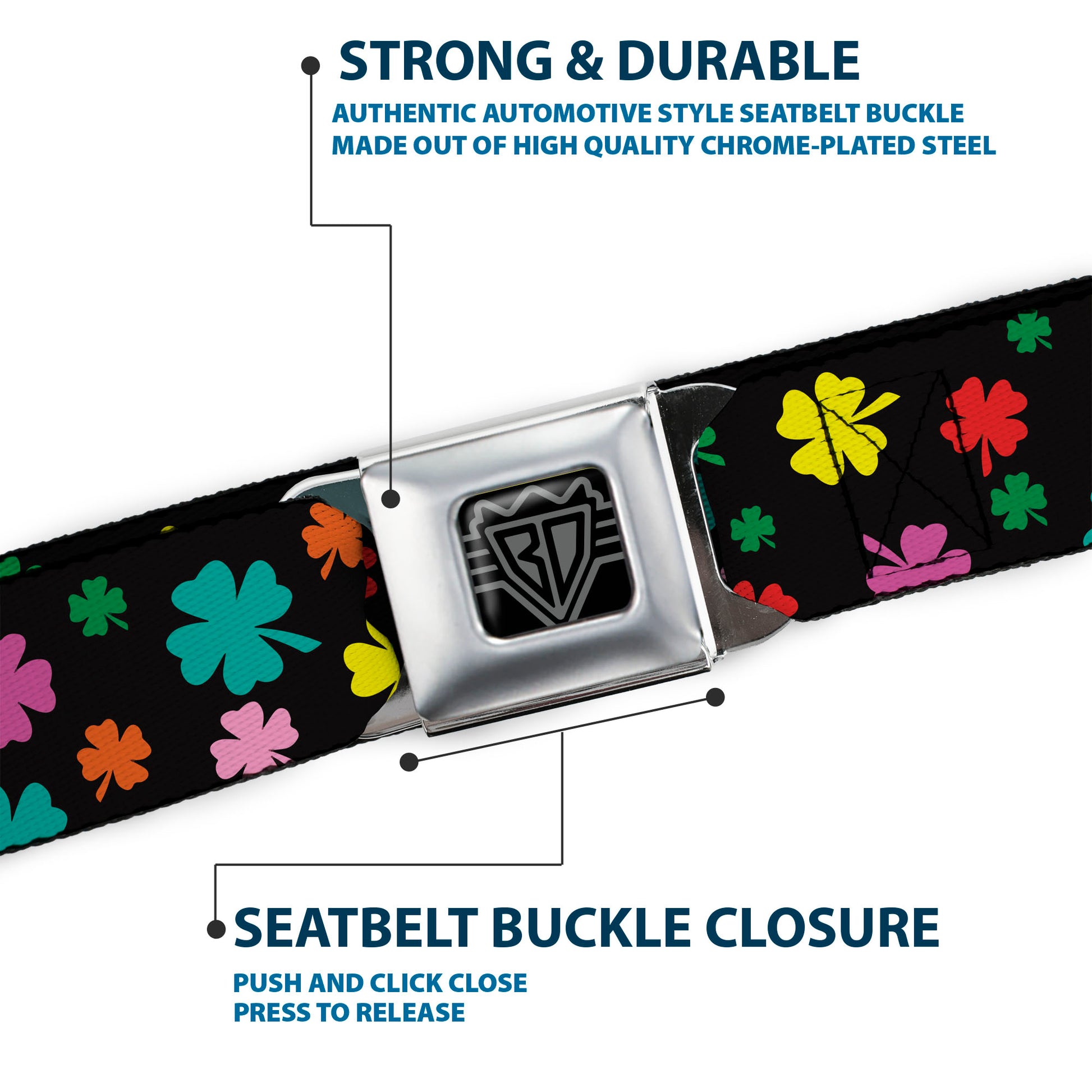 BD Wings Logo CLOSE-UP Full Color Black Silver Seatbelt Belt - Four-Leaf Clovers Scattered Black/Multi Color Webbing Seatbelt Belts Buckle-Down
