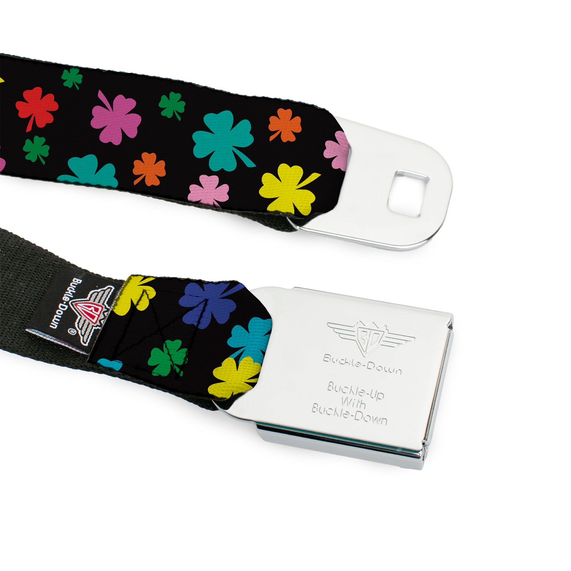 BD Wings Logo CLOSE-UP Full Color Black Silver Seatbelt Belt - Four-Leaf Clovers Scattered Black/Multi Color Webbing Seatbelt Belts Buckle-Down