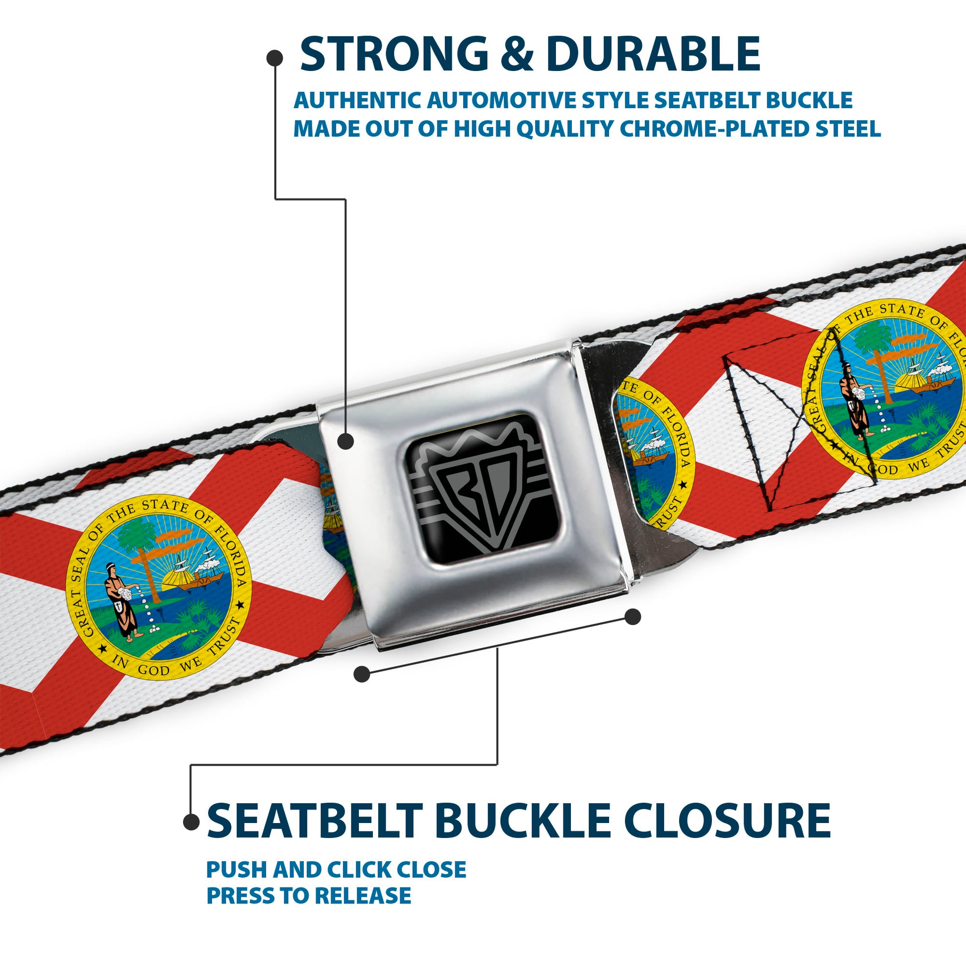 BD Wings Logo CLOSE-UP Full Color Black Silver Seatbelt Belt - Florida Flag Continuous Webbing Seatbelt Belts Buckle-Down