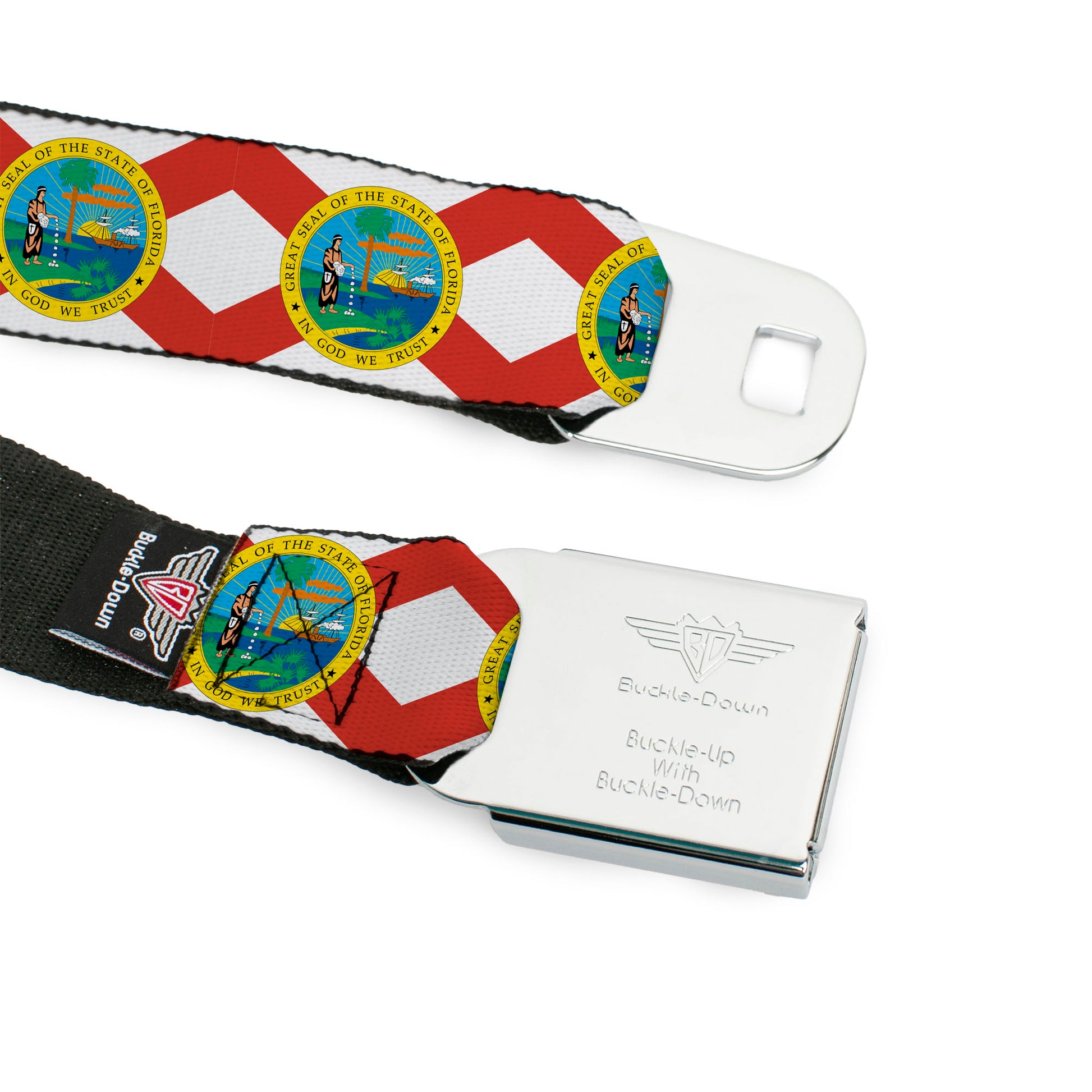 BD Wings Logo CLOSE-UP Full Color Black Silver Seatbelt Belt - Florida Flag Continuous Webbing Seatbelt Belts Buckle-Down