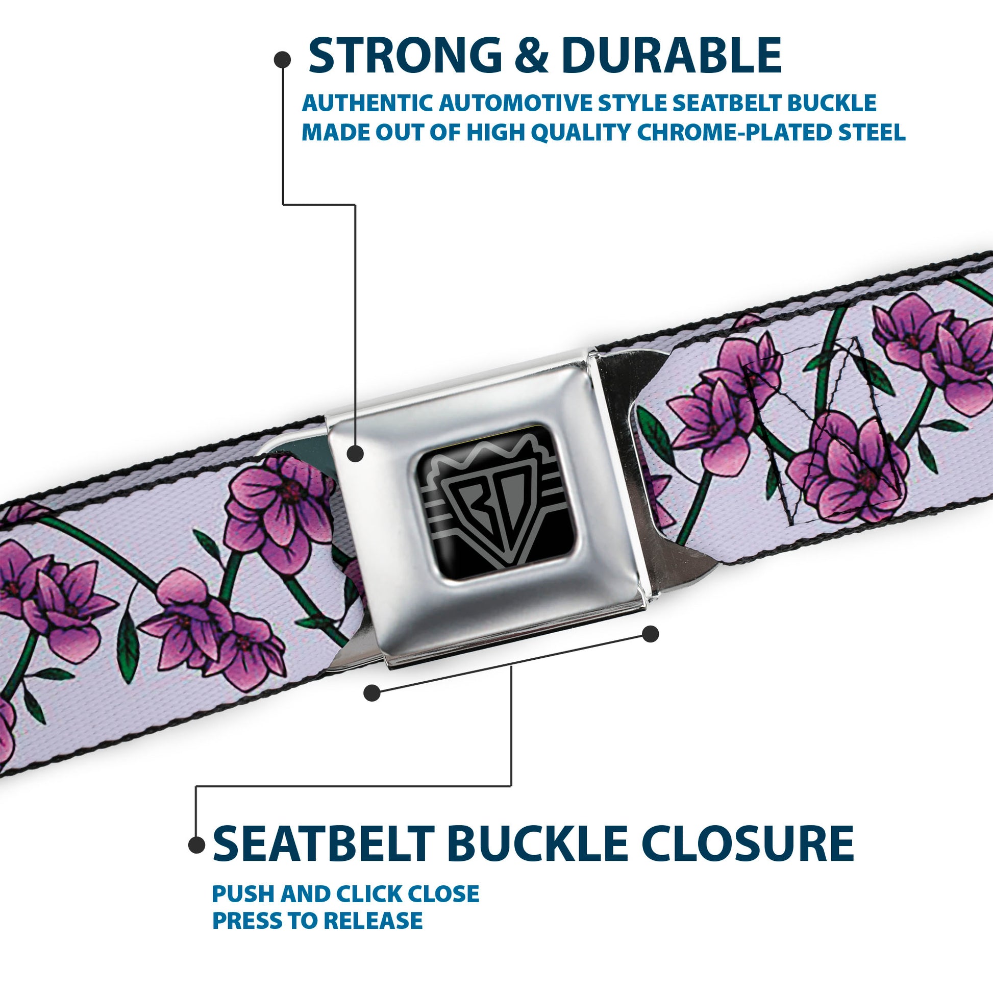 BD Wings Logo CLOSE-UP Black/Silver Seatbelt Belt - Floral Chain Gray Webbing Seatbelt Belts Buckle-Down