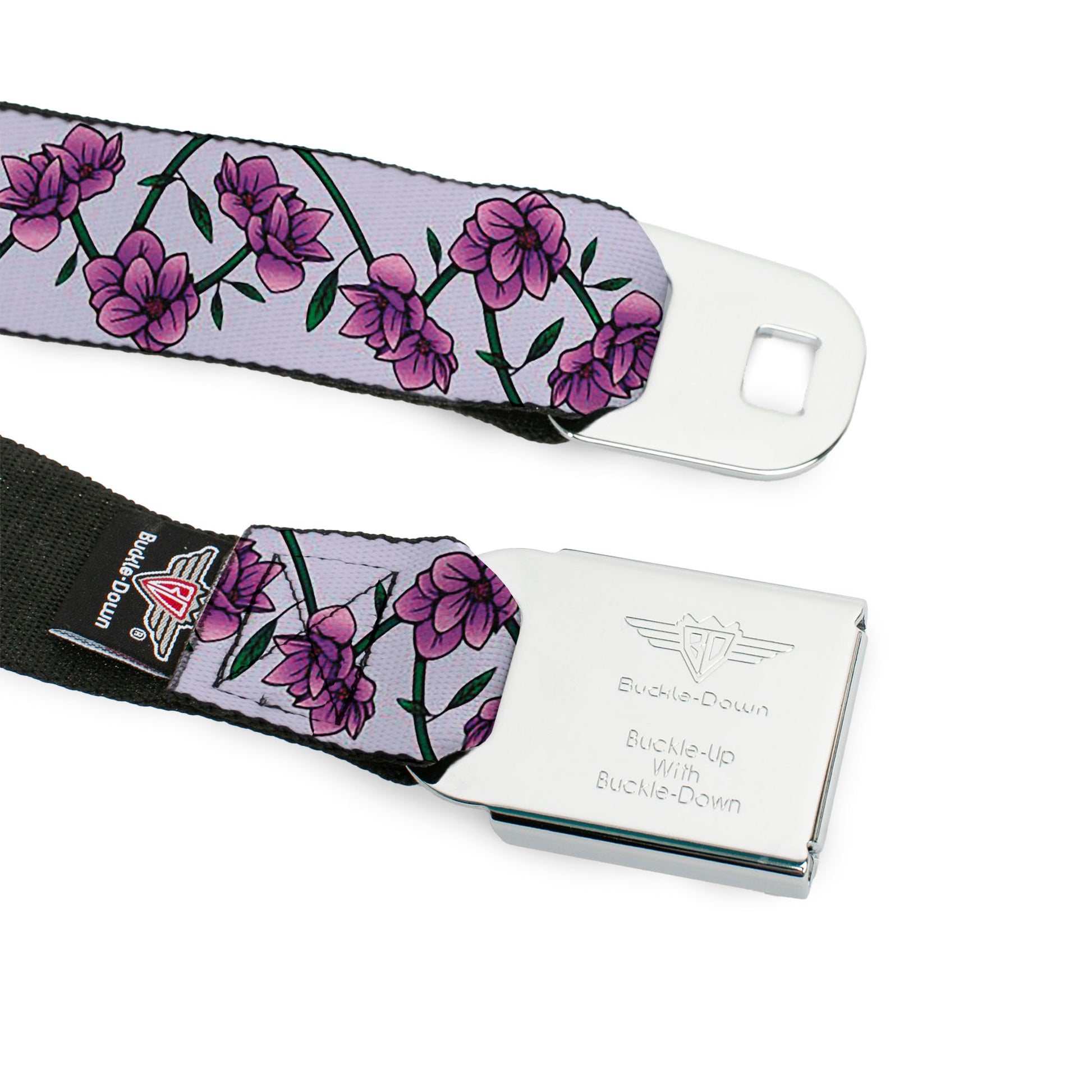 BD Wings Logo CLOSE-UP Black/Silver Seatbelt Belt - Floral Chain Gray Webbing Seatbelt Belts Buckle-Down