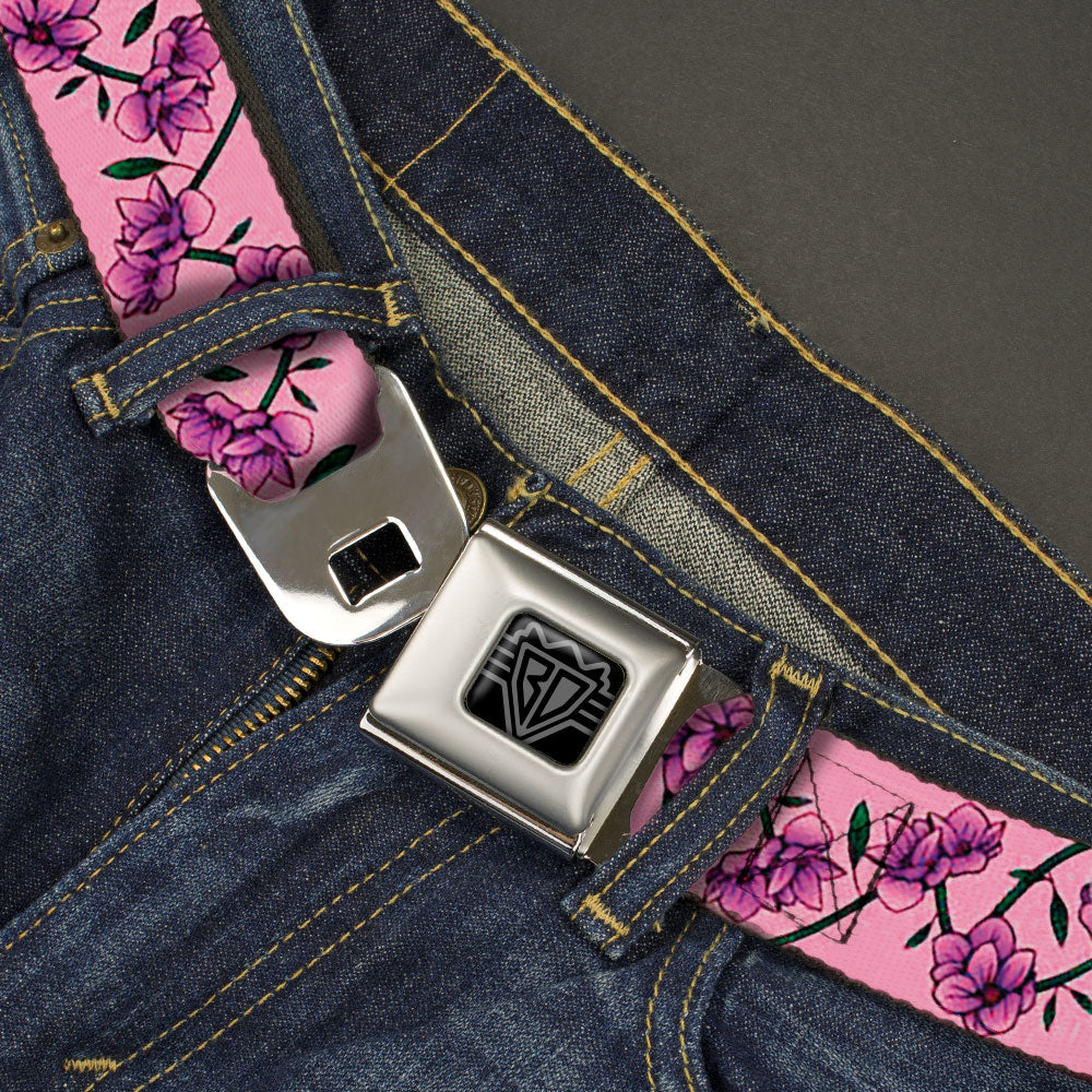 BD Wings Logo CLOSE-UP Black/Silver Seatbelt Belt - Floral Chain Pink Webbing Seatbelt Belts Buckle-Down