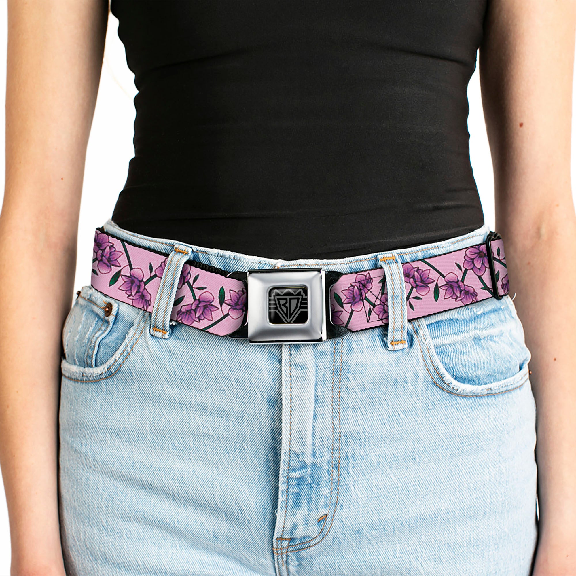 BD Wings Logo CLOSE-UP Black/Silver Seatbelt Belt - Floral Chain Pink Webbing Seatbelt Belts Buckle-Down