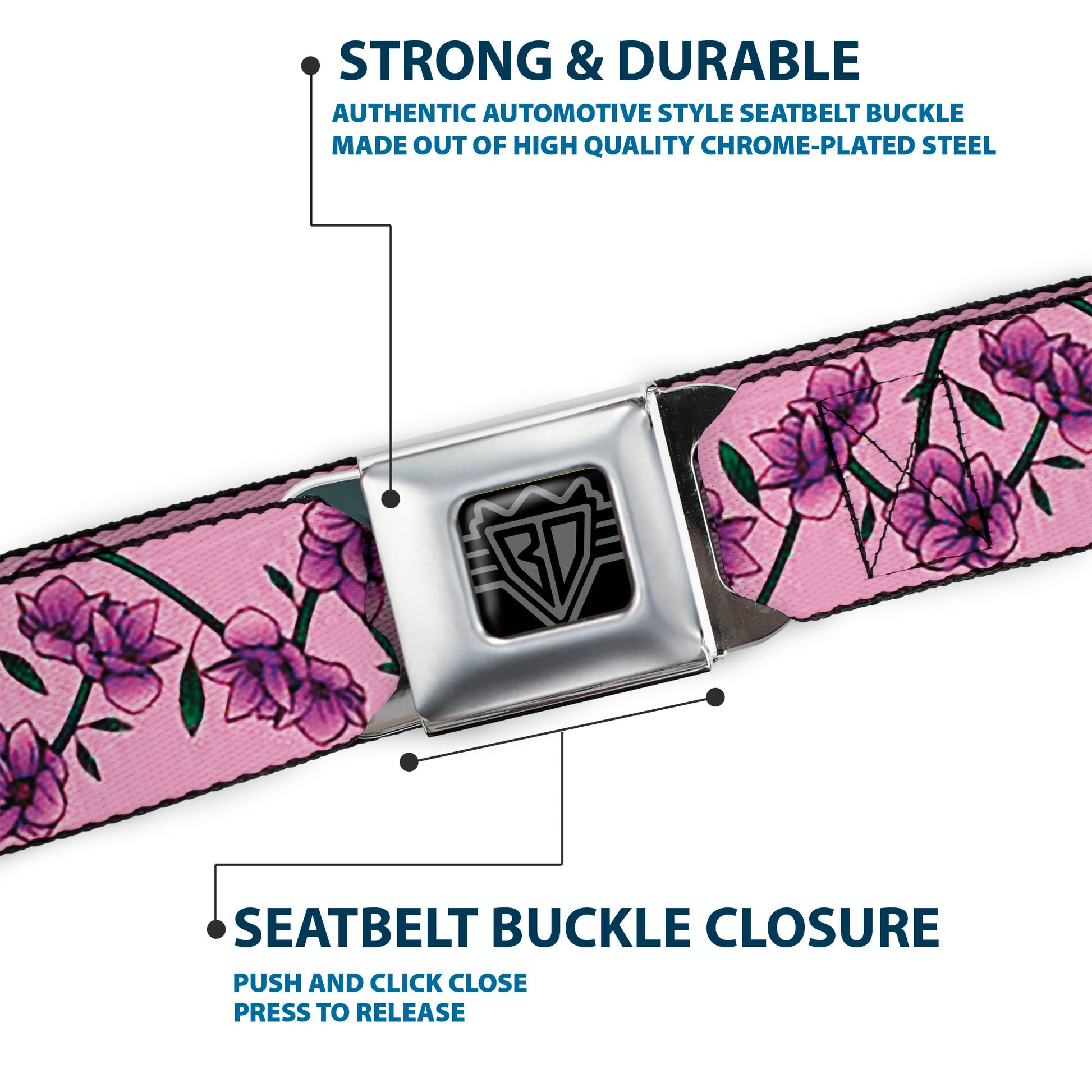 BD Wings Logo CLOSE-UP Black/Silver Seatbelt Belt - Floral Chain Pink Webbing Seatbelt Belts Buckle-Down