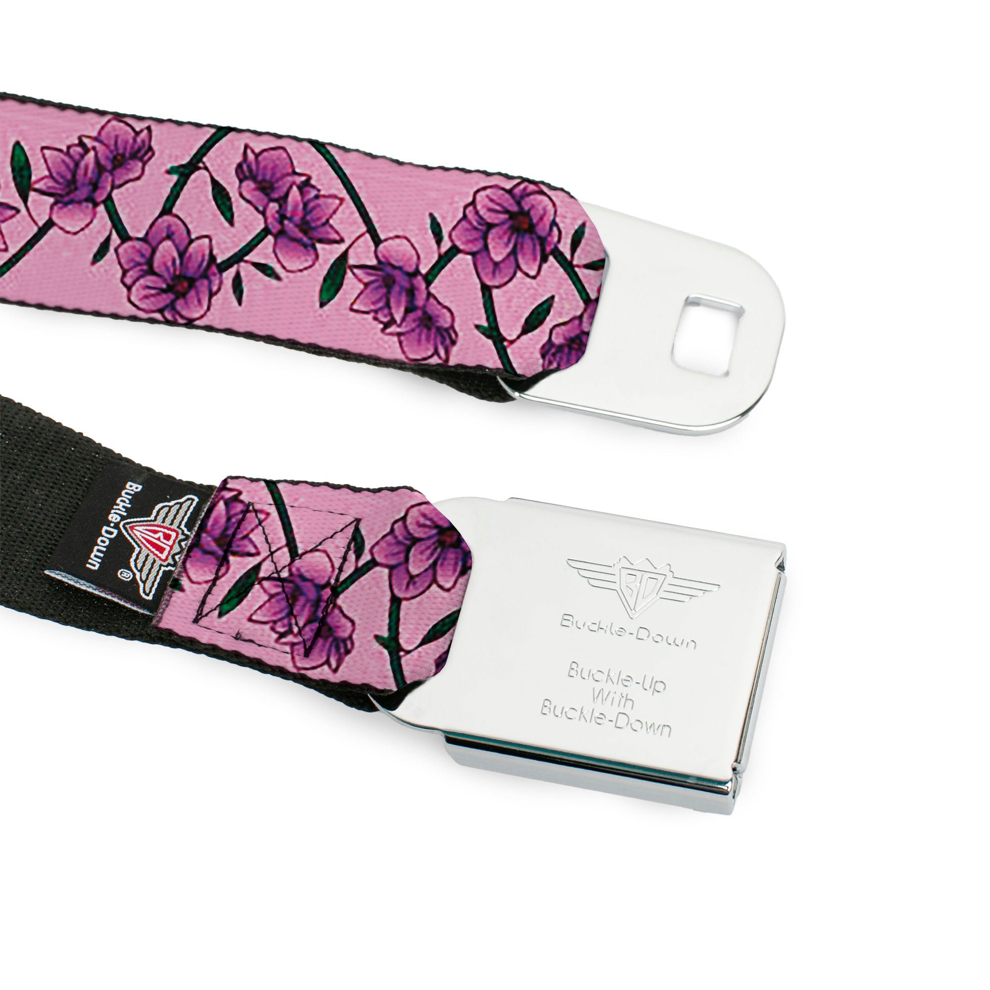 BD Wings Logo CLOSE-UP Black/Silver Seatbelt Belt - Floral Chain Pink Webbing Seatbelt Belts Buckle-Down